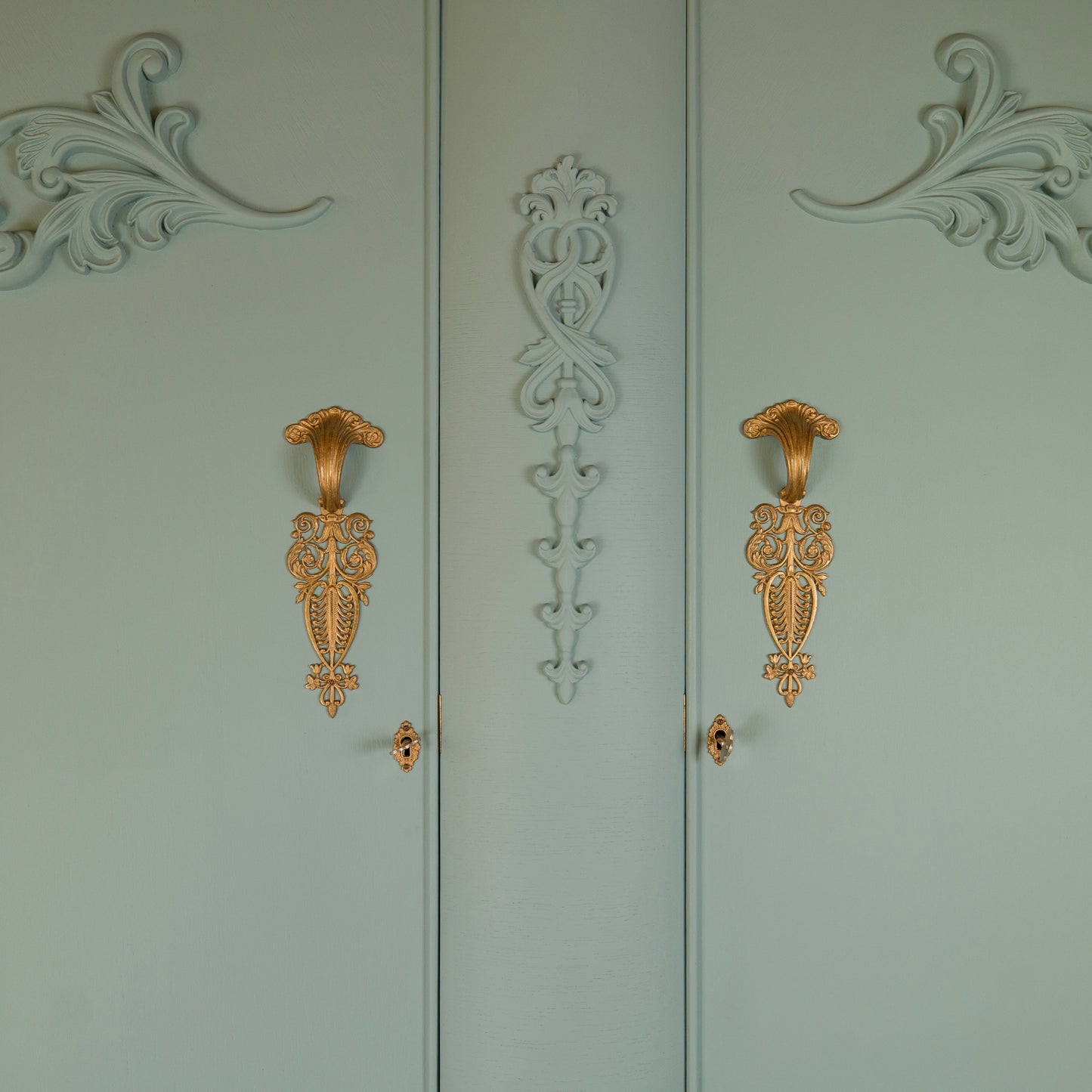 Vintage Duck Egg Blue Wardrobe with Gold Detailing & Rose Pink Inside