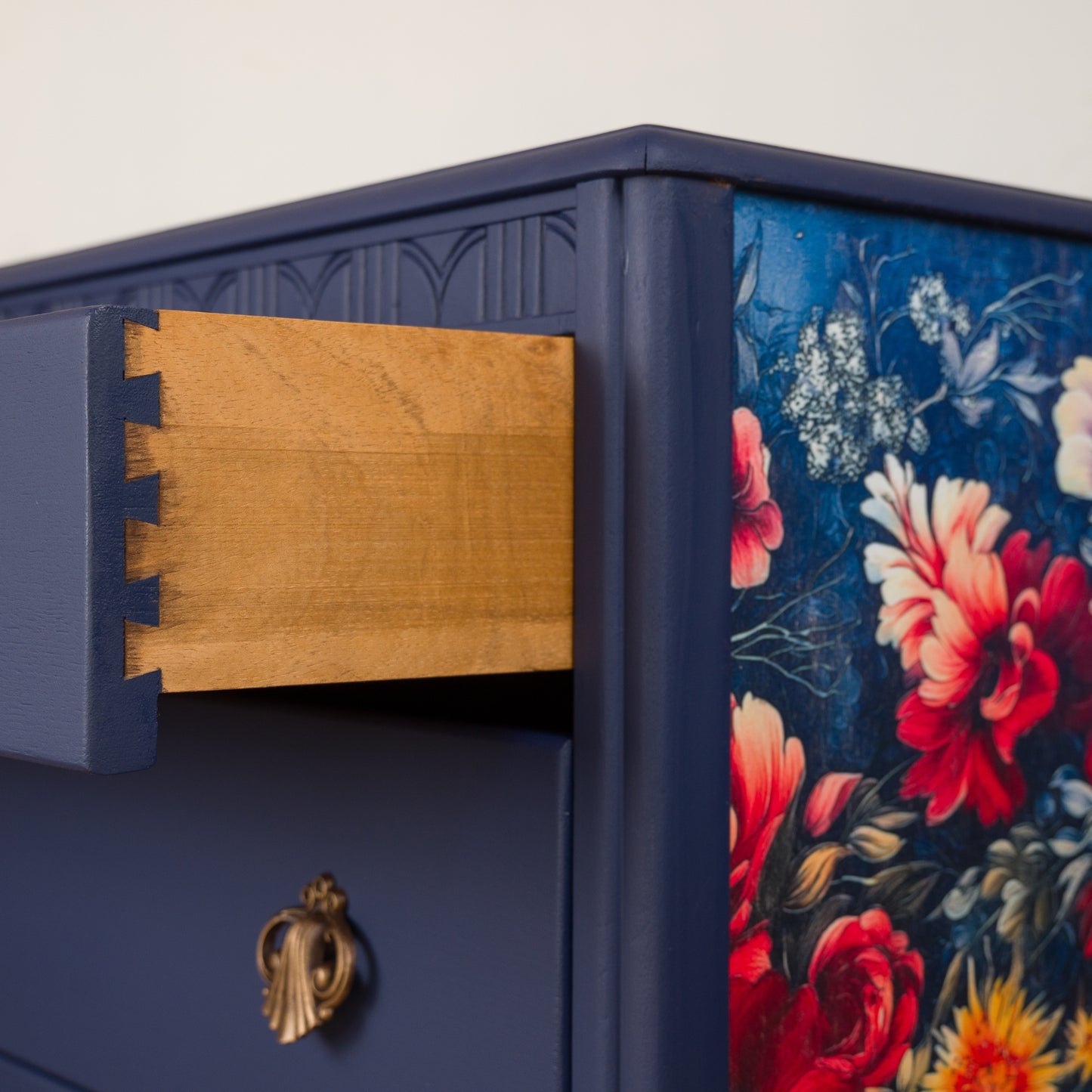 Hand-Painted Upcycled Navy Lebus MCM Chest of Drawers with Floral Detailing