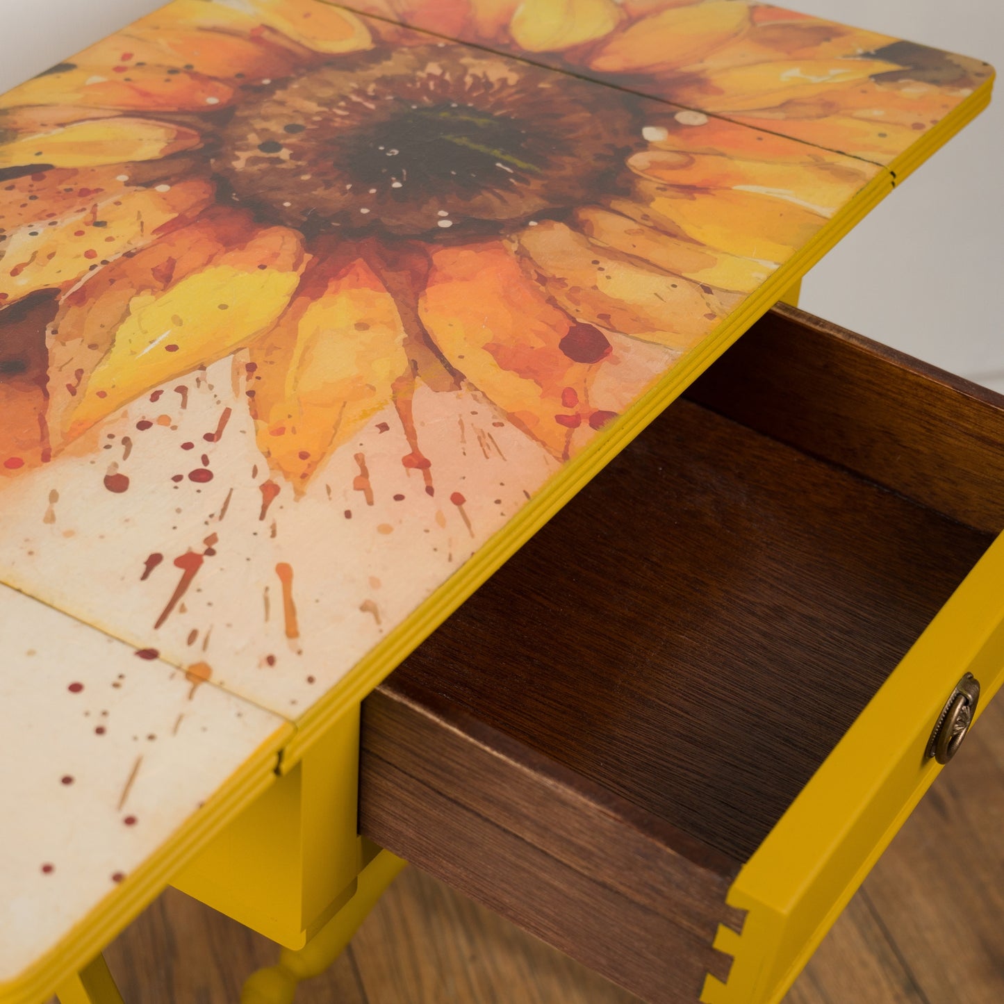 Upcycled Vintage Sunflower Drop Leaf Table | Yellow Hand-Painted & Decoupage Accent Table | Unique Furniture
