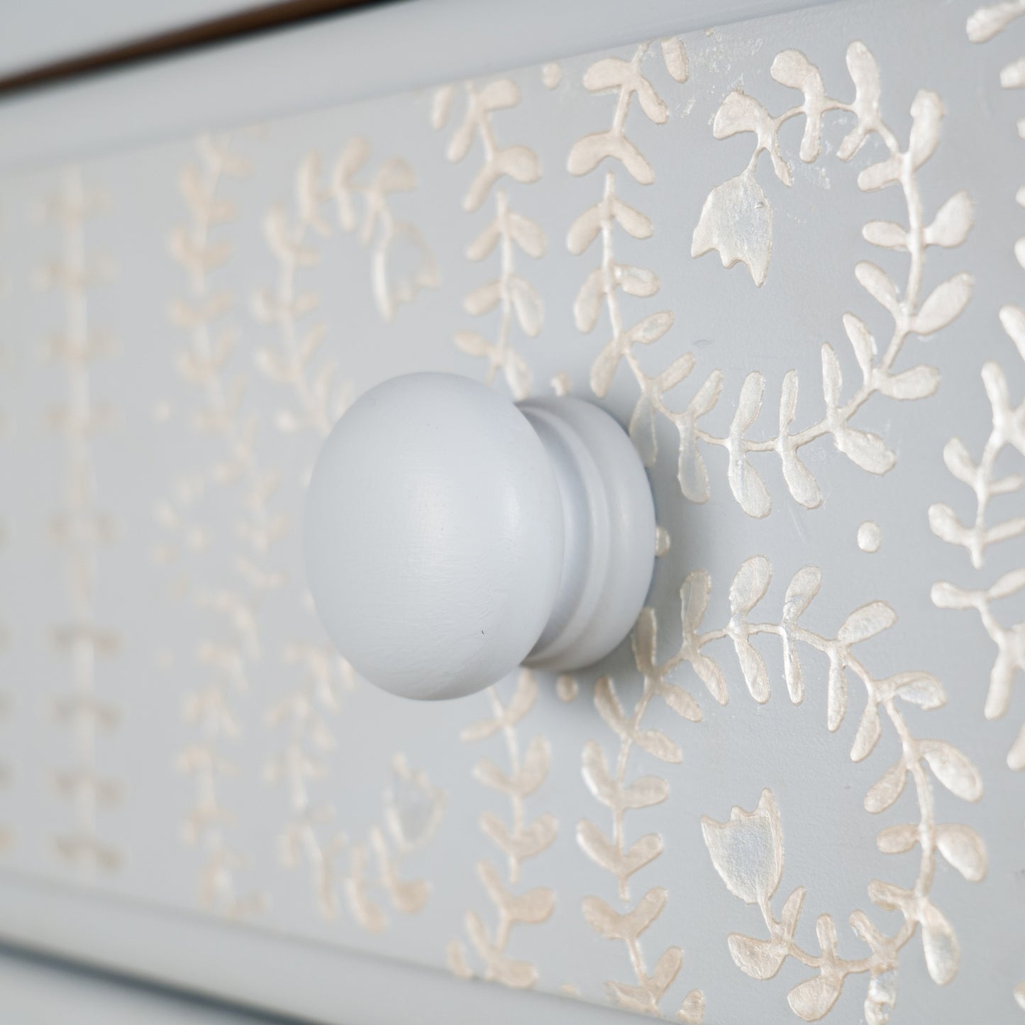 Hand-Painted Blue Chest of Drawers with Pearl Effect Stencil Detail | Vintage Upcycled Furniture