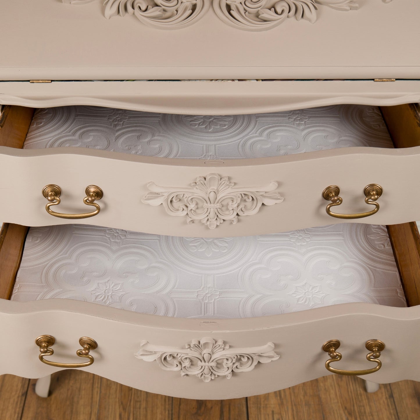 Hand Painted Vintage Solid Mahogany Bureau with Floral Interior | Upcycled Writing Desk with Storage