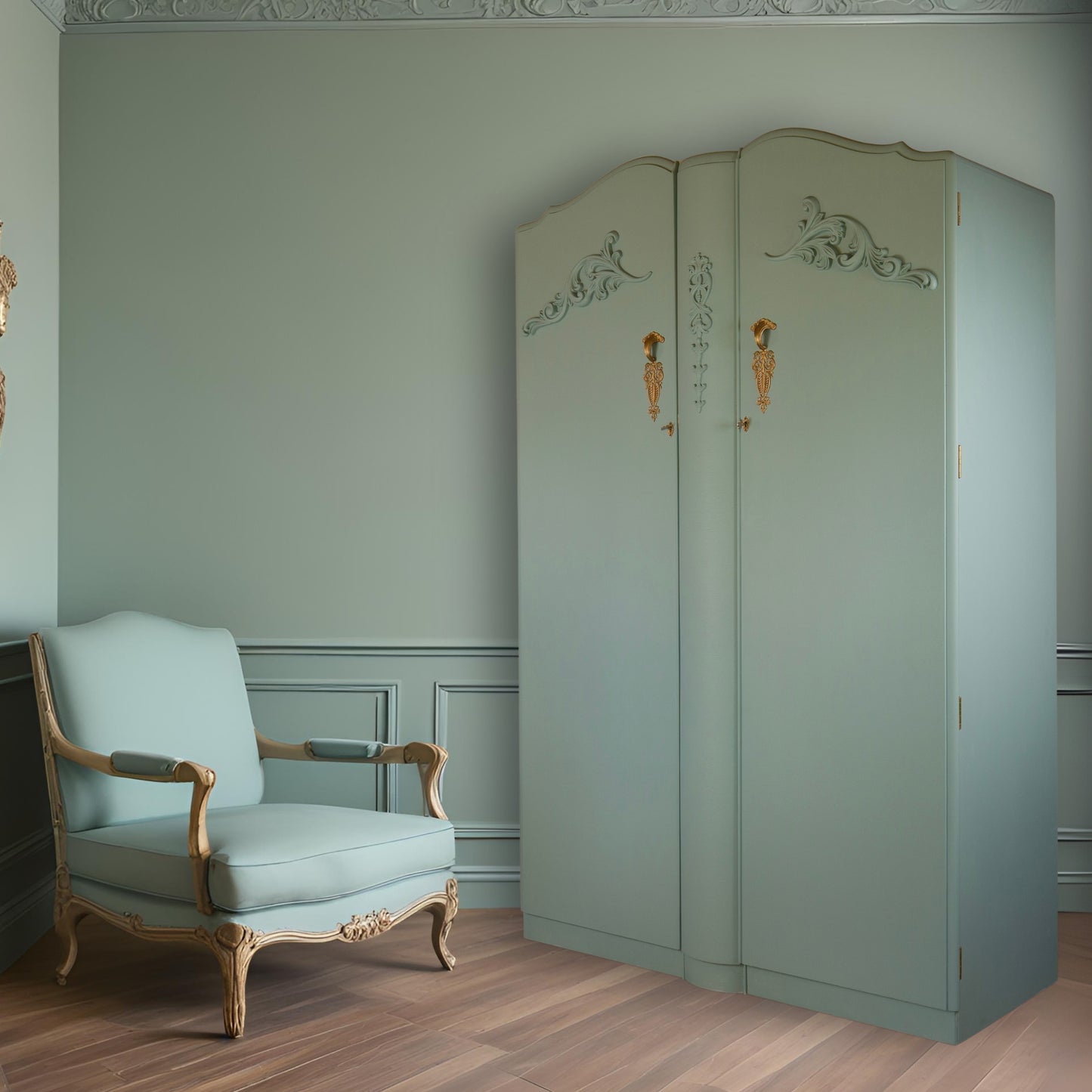 Vintage Duck Egg Blue Wardrobe with Gold Detailing & Rose Pink Inside