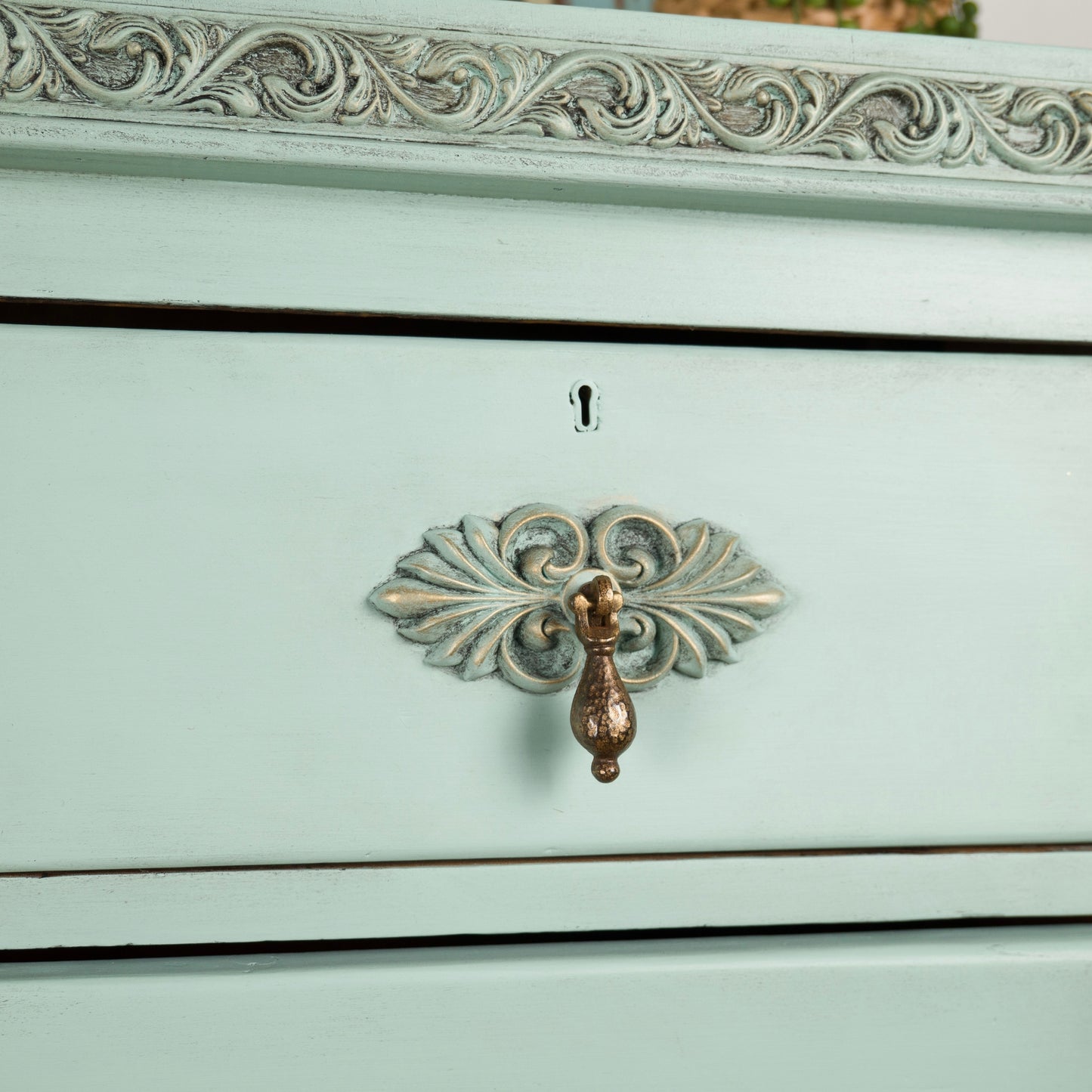 Vintage Aqua Chest of Drawers | Hand-Painted | Ornate Floral Detailing & Brass Hardware