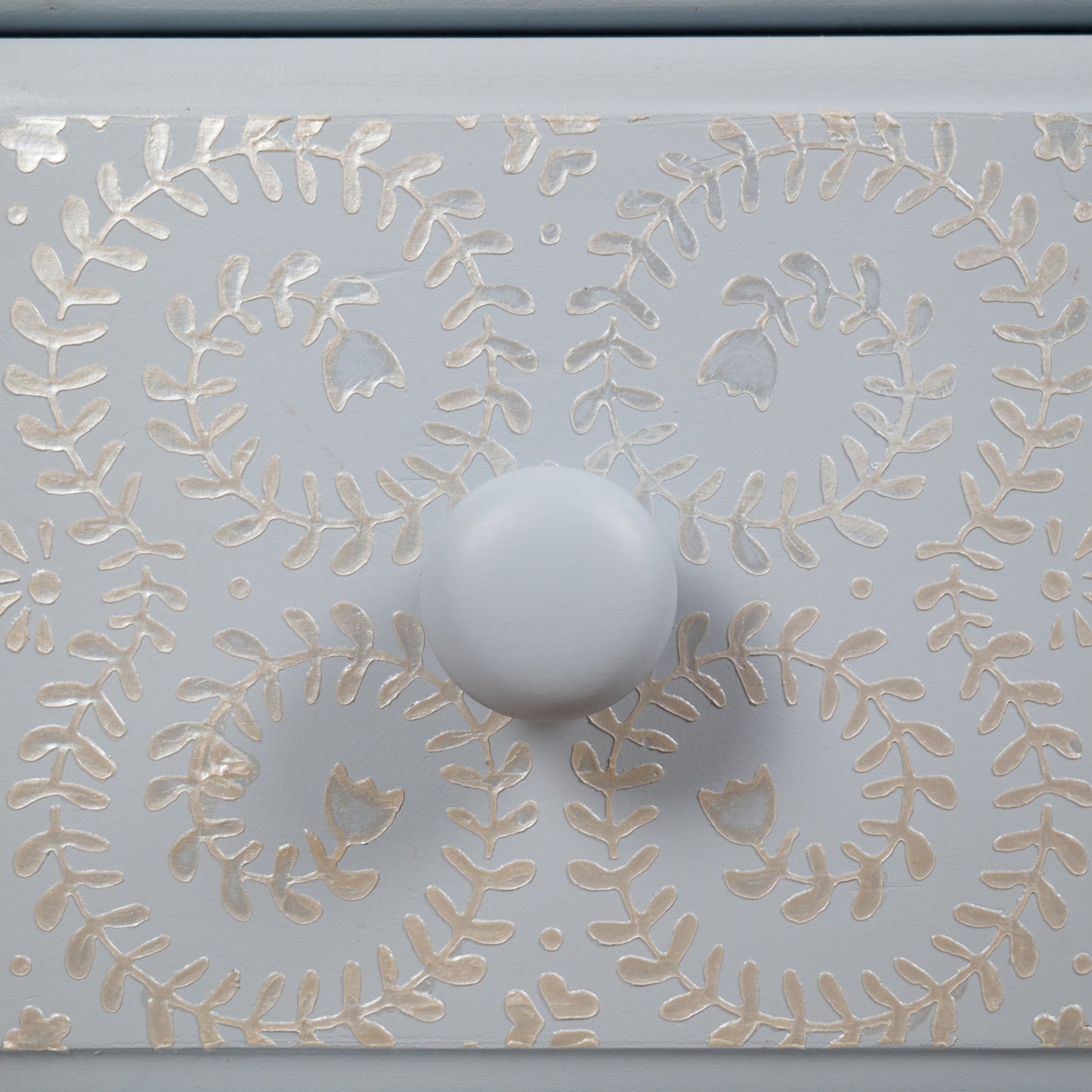 Hand-Painted Blue Chest of Drawers with Pearl Effect Stencil Detail | Vintage Upcycled Furniture