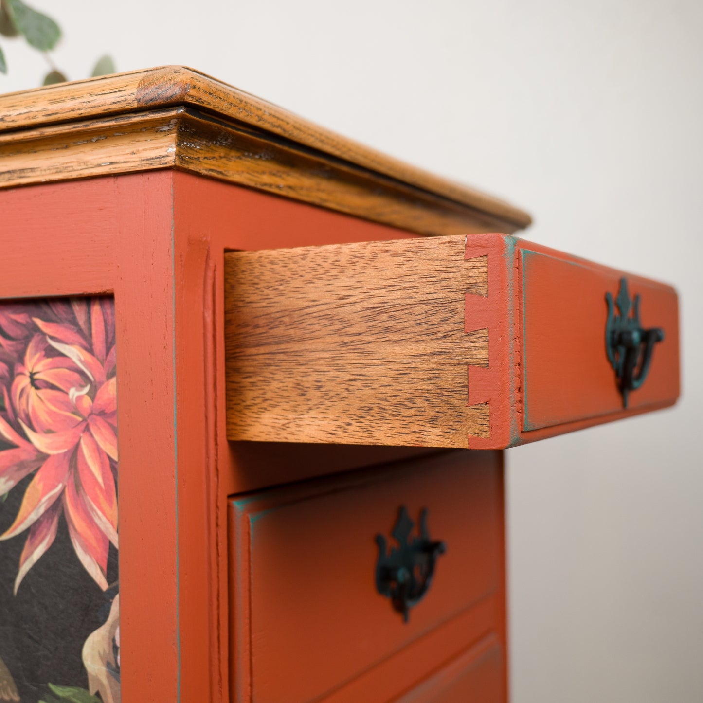 Vintage Upcycled Oak Chest of Drawers | Hand Painted Burnt Orange Bedside Table with Floral Decoupage Panels | Unique Boho Bedroom Furniture
