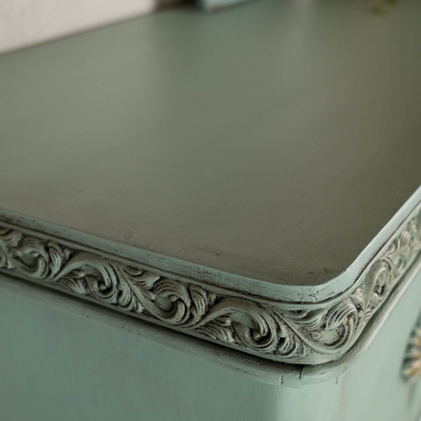 Vintage Aqua Chest of Drawers | Hand-Painted | Ornate Floral Detailing & Brass Hardware