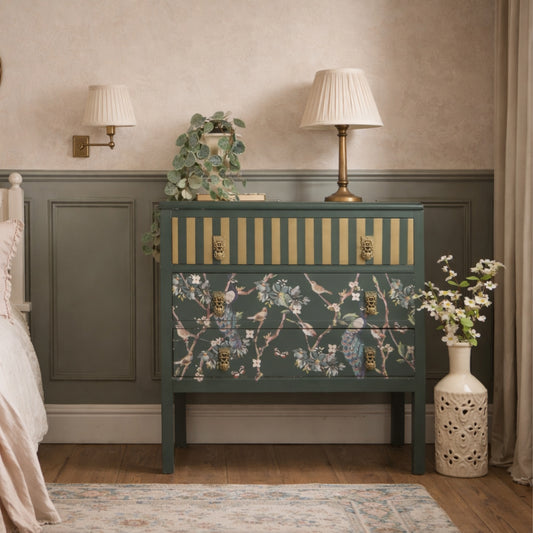 Vintage Solid Oak Chest of Drawers in Deep Green & Gold with Botanical Bird Design