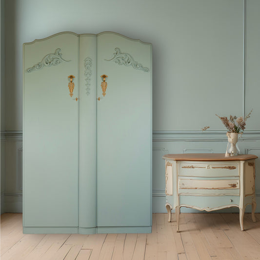 Vintage Duck Egg Blue Wardrobe with Gold Detailing & Rose Pink Inside