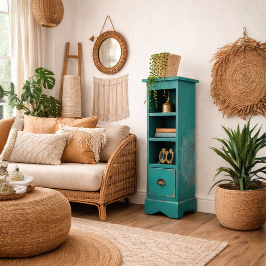 Slimline Boho Plant Table | Upcycled Vintage Side Table | Teal Accent Furniture