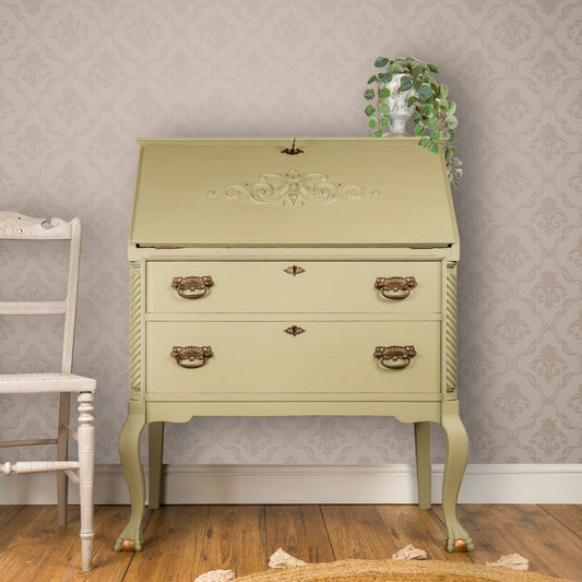 Vintage Olive Green Oak Bureau Writing Desk – Upcycled with Floral Interior & Bronze/Copper Accents