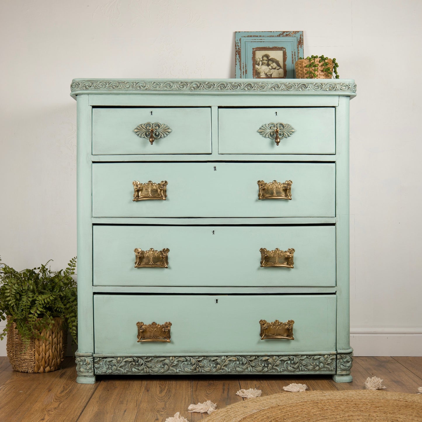 Vintage Aqua Chest of Drawers | Hand-Painted | Ornate Floral Detailing & Brass Hardware