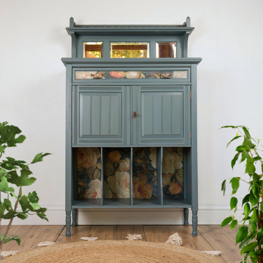 Antique Edwardian Display Cabinet | Vintage Style with Bevelled Mirrors & Floral Decoupage | One of a Kind Statement Piece