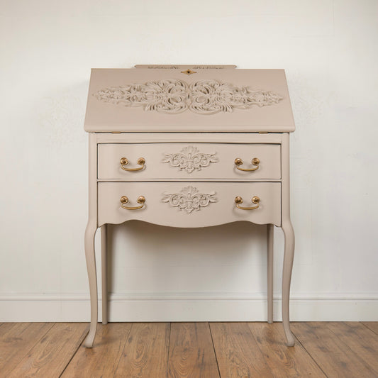 Hand Painted Vintage Solid Mahogany Bureau with Floral Interior | Upcycled Writing Desk with Storage