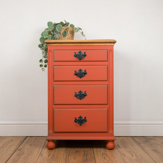 Vintage Upcycled Oak Chest of Drawers | Hand Painted Burnt Orange Bedside Table with Floral Decoupage Panels | Unique Boho Bedroom Furniture