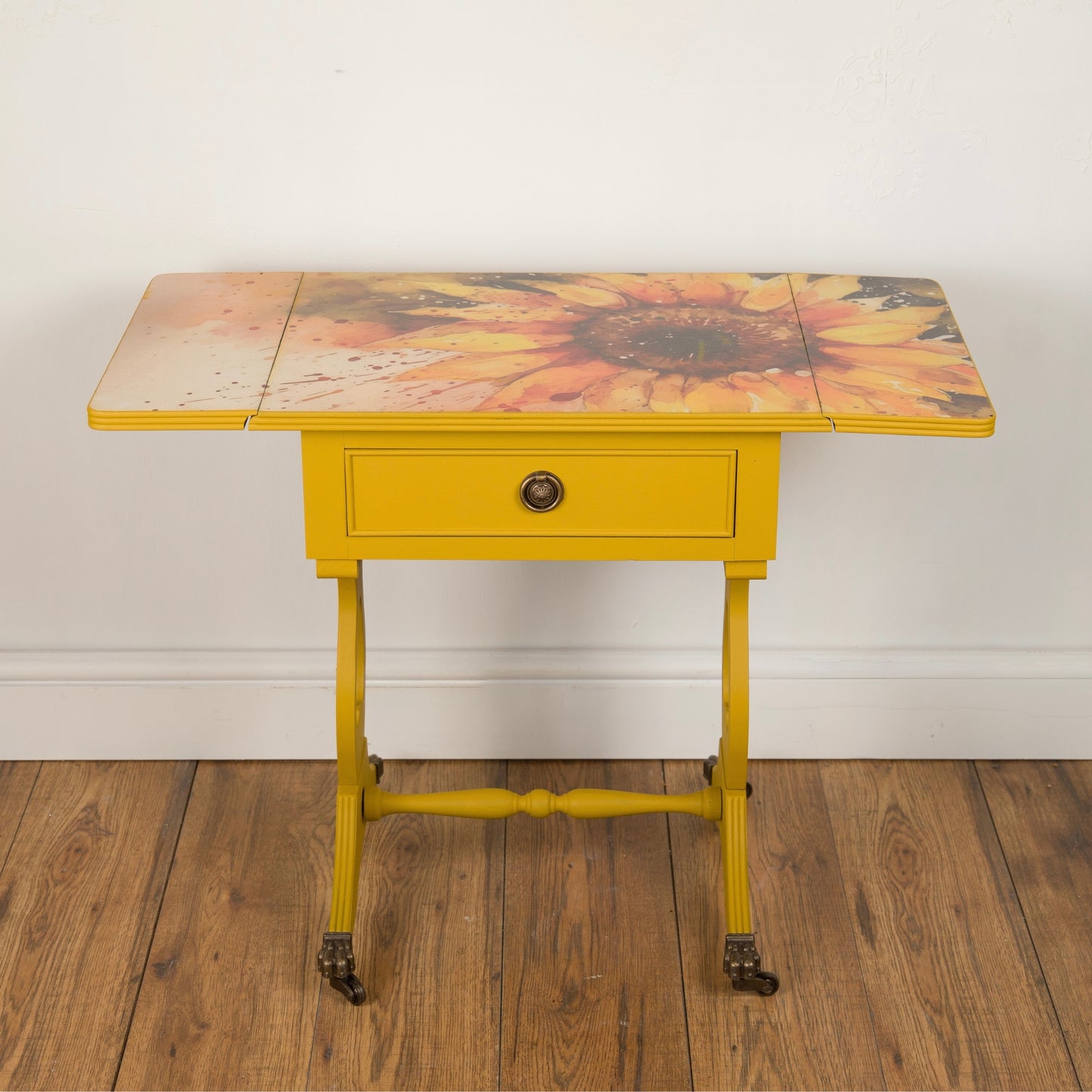 Upcycled Vintage Sunflower Drop Leaf Table | Yellow Hand-Painted & Decoupage Accent Table | Unique Furniture