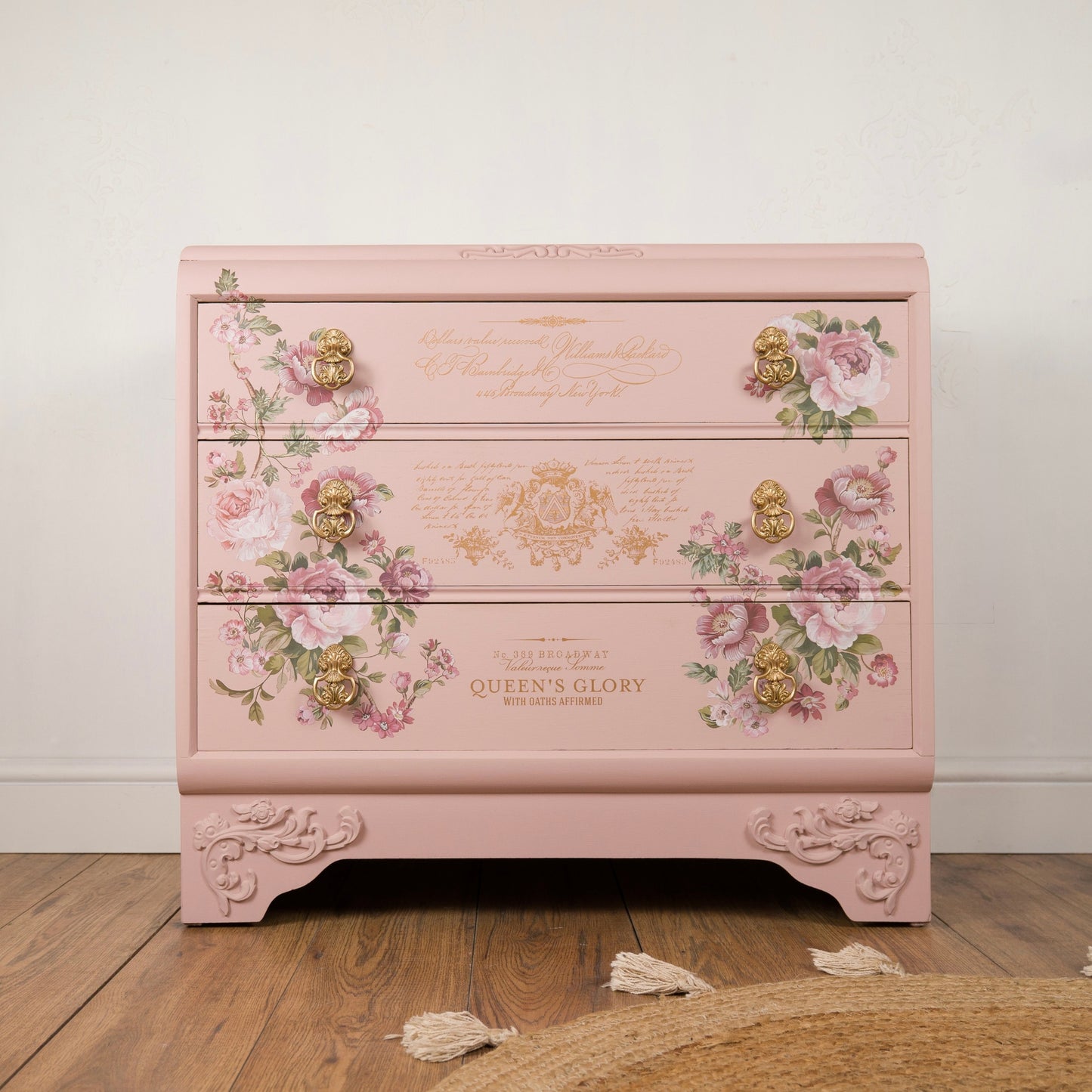 Romantic Vintage Upcycled Blush Pink Floral Chest of Drawers with Gold Detailing and Floral Transfers