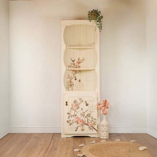Blossom Tweet Painted Corner Cabinet | Vintage Floral Hand-Painted Shabby Chic Furniture | Upcycled Storage with Botanical Transfer