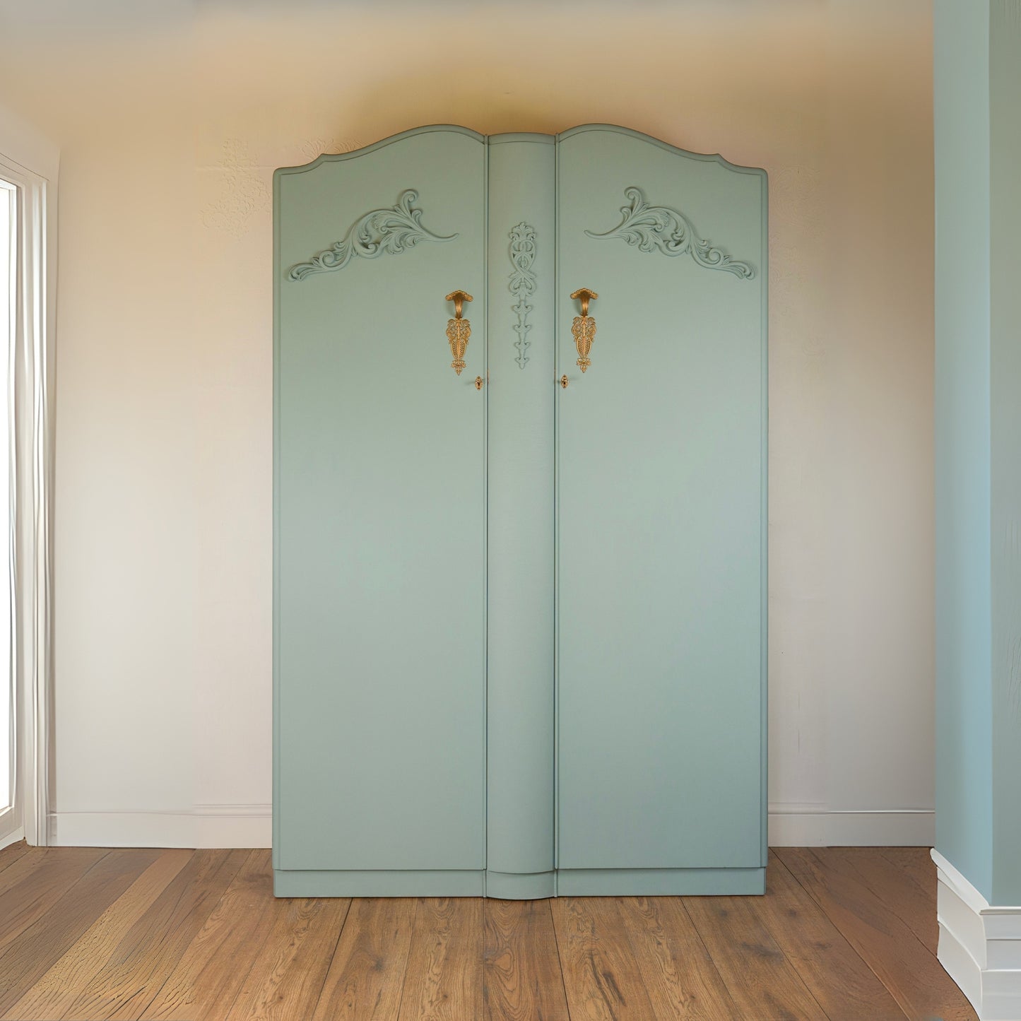 Vintage Duck Egg Blue Wardrobe with Gold Detailing & Rose Pink Inside