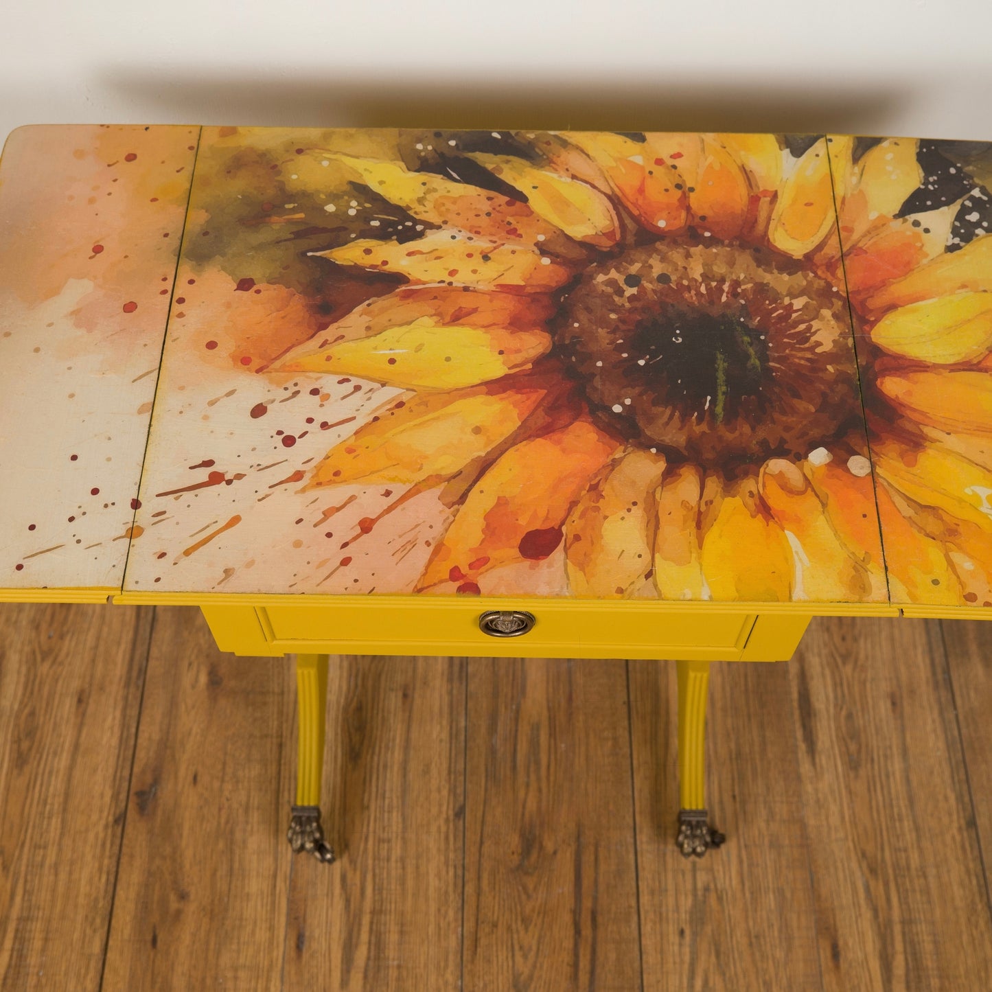 Upcycled Vintage Sunflower Drop Leaf Table | Yellow Hand-Painted & Decoupage Accent Table | Unique Furniture
