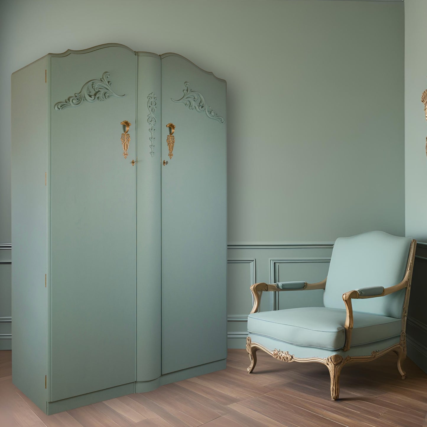Vintage Duck Egg Blue Wardrobe with Gold Detailing & Rose Pink Inside