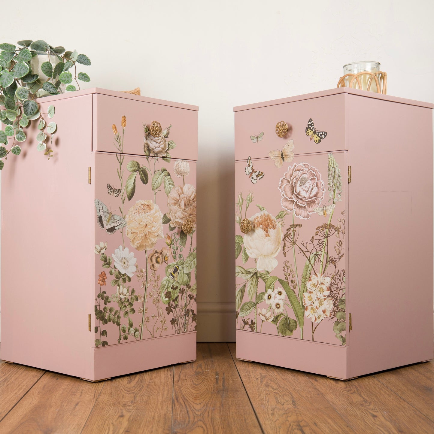 Pair of Vintage Painted Mid Century Pink Floral Bedside Tables