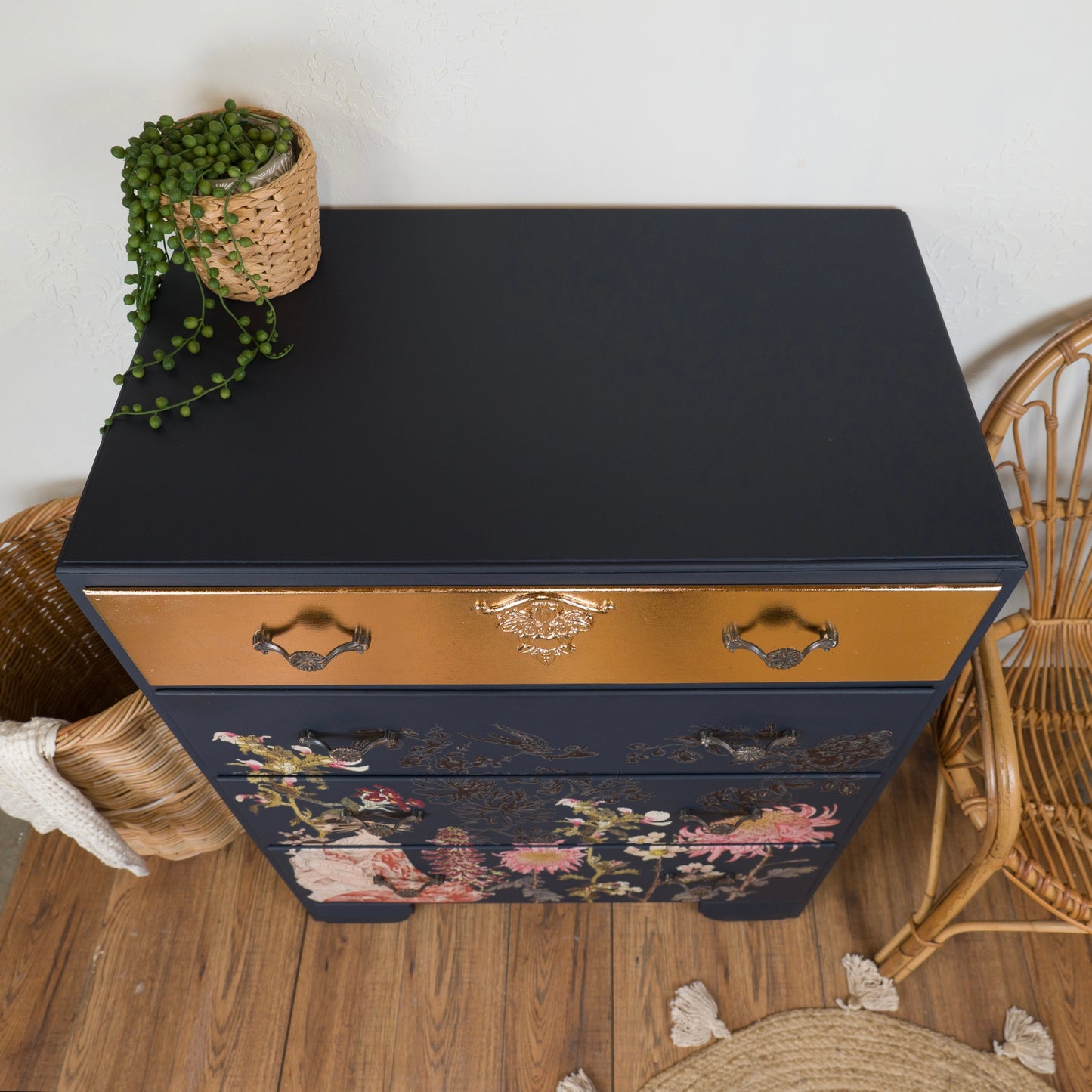 Vintage Chest of Drawers | Gold Leaf & Floral Design | One-of-a-Kind Statement Furniture
