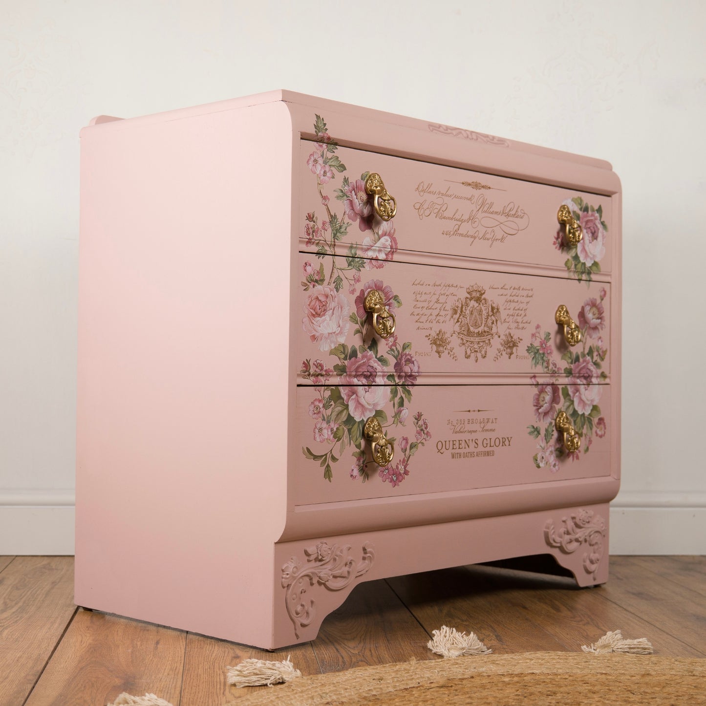 Romantic Vintage Upcycled Blush Pink Floral Chest of Drawers with Gold Detailing and Floral Transfers