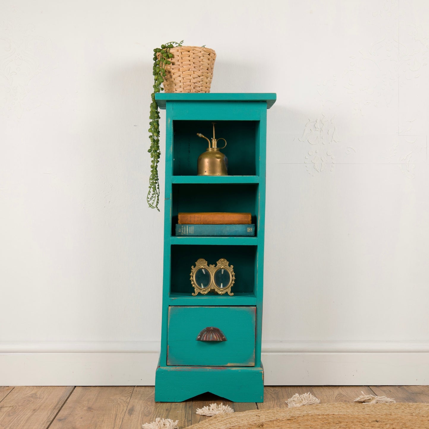 Slimline Boho Plant Table | Upcycled Vintage Side Table | Teal Accent Furniture