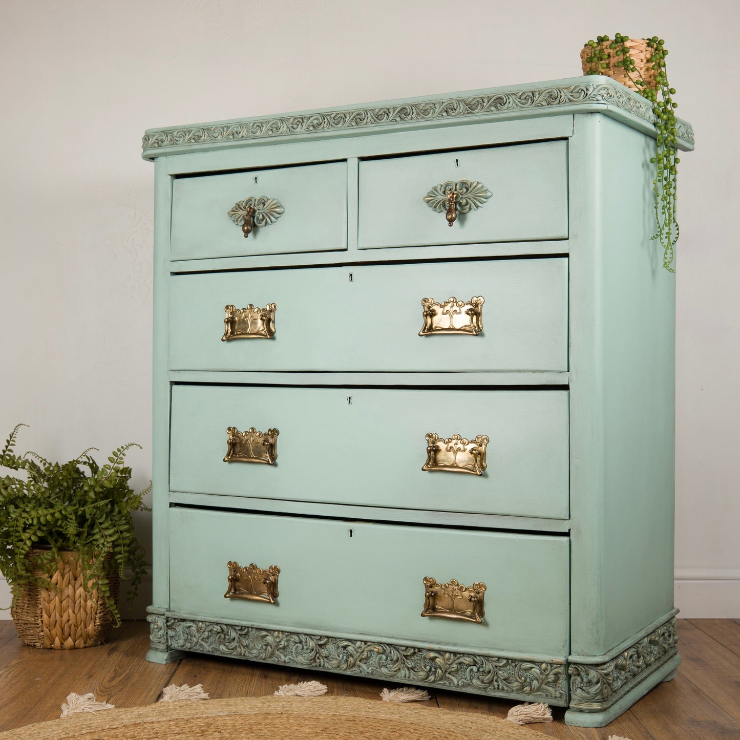 Vintage Aqua Chest of Drawers | Hand-Painted | Ornate Floral Detailing & Brass Hardware