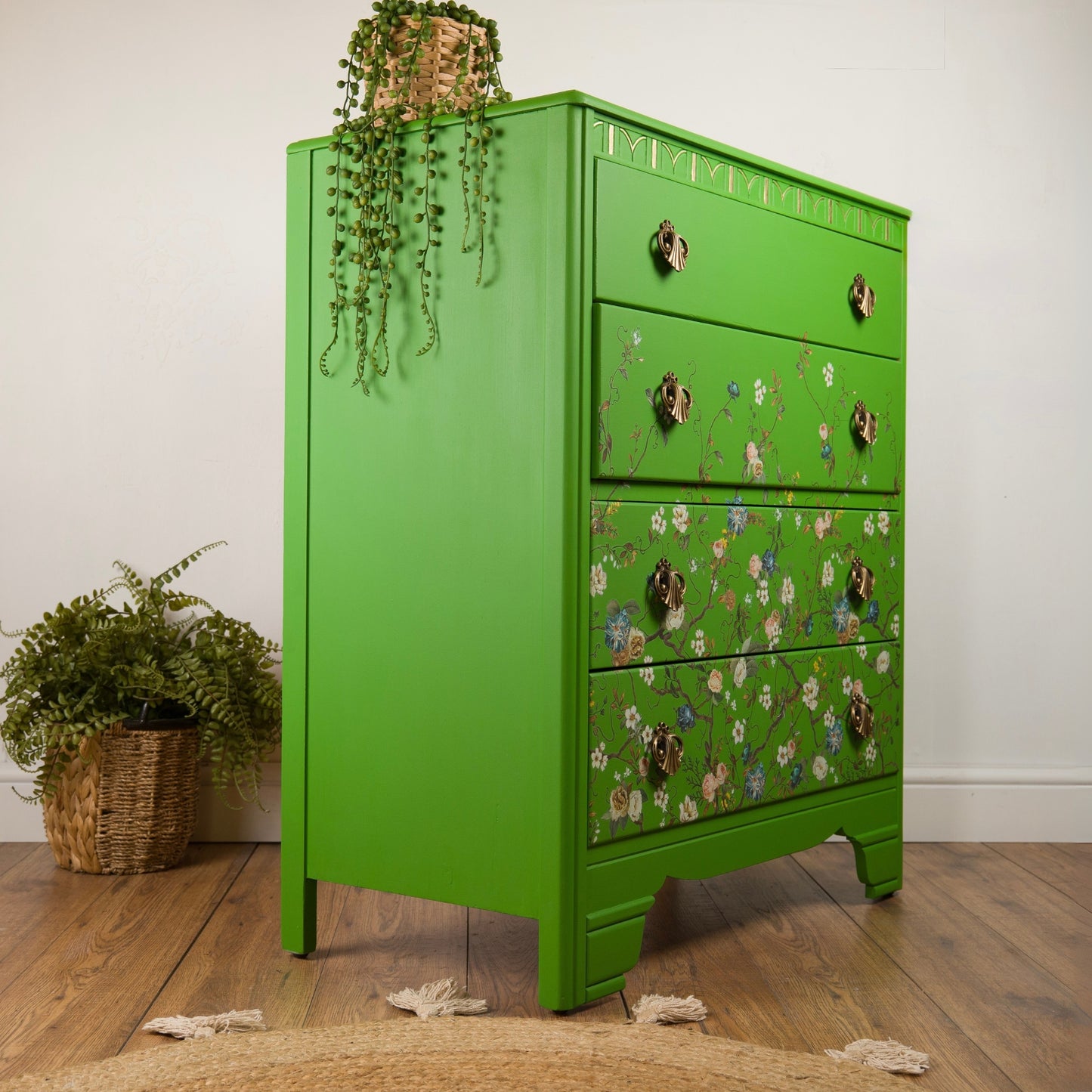 Upcycled Hand-Painted Vintage Chest of Drawers – Botanical Floral Design in Vibrant Green