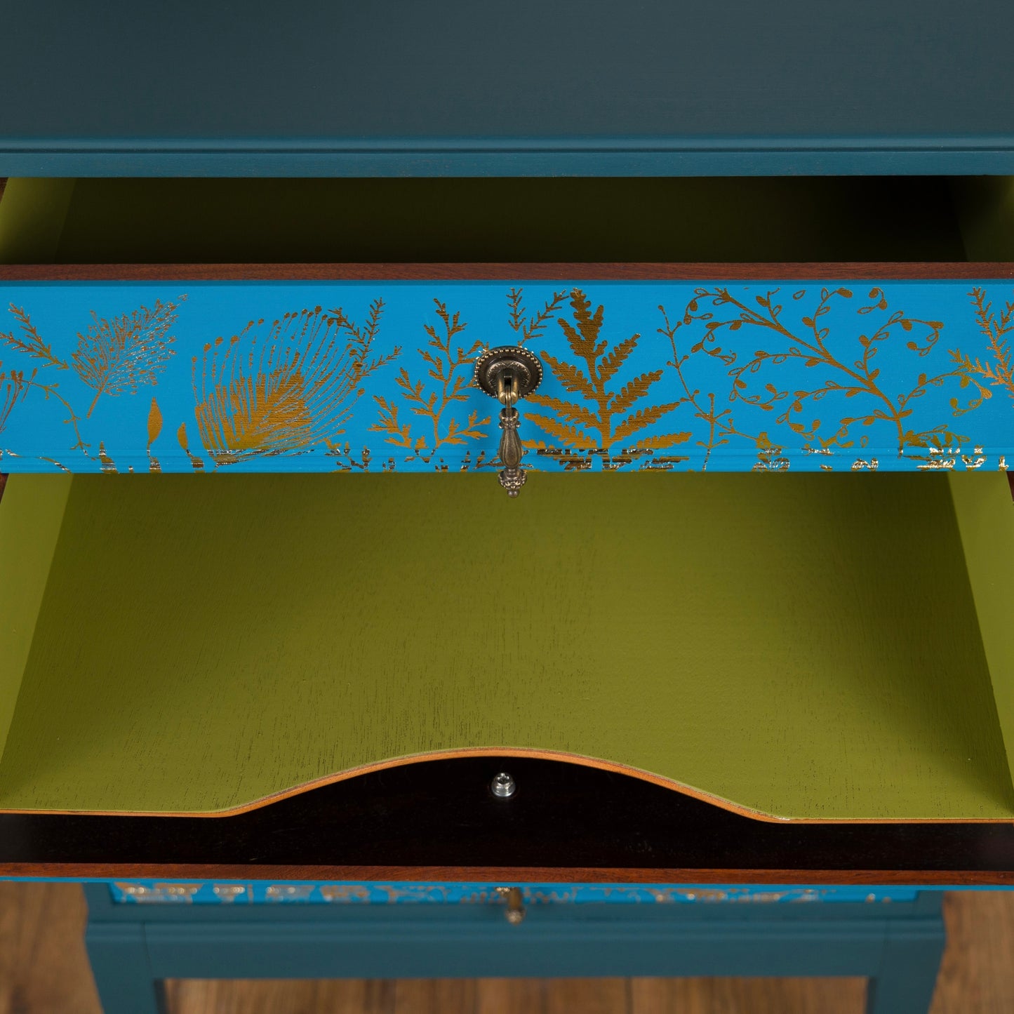 Vintage Teal & Gold Foliage Music Cabinet – Hand Painted Upcycled Furniture