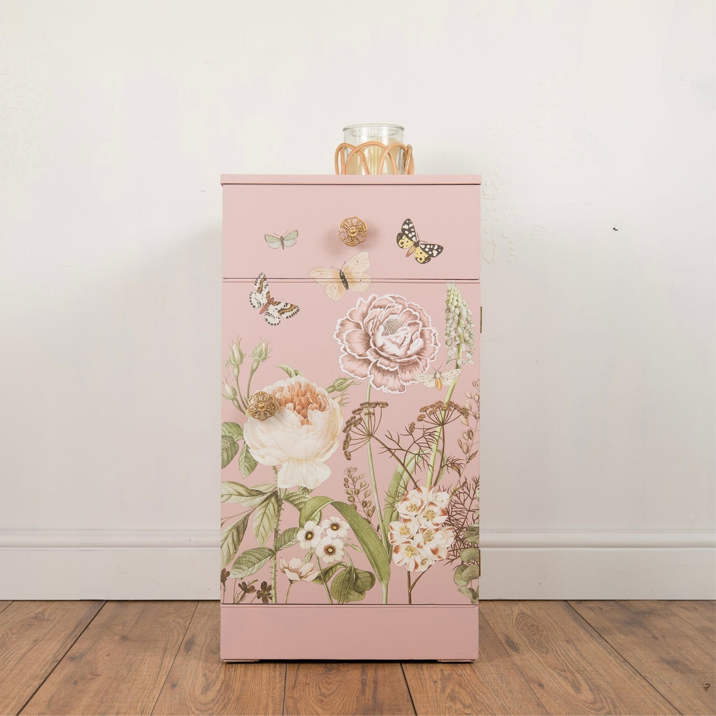 Pair of Vintage Painted Mid Century Pink Floral Bedside Tables