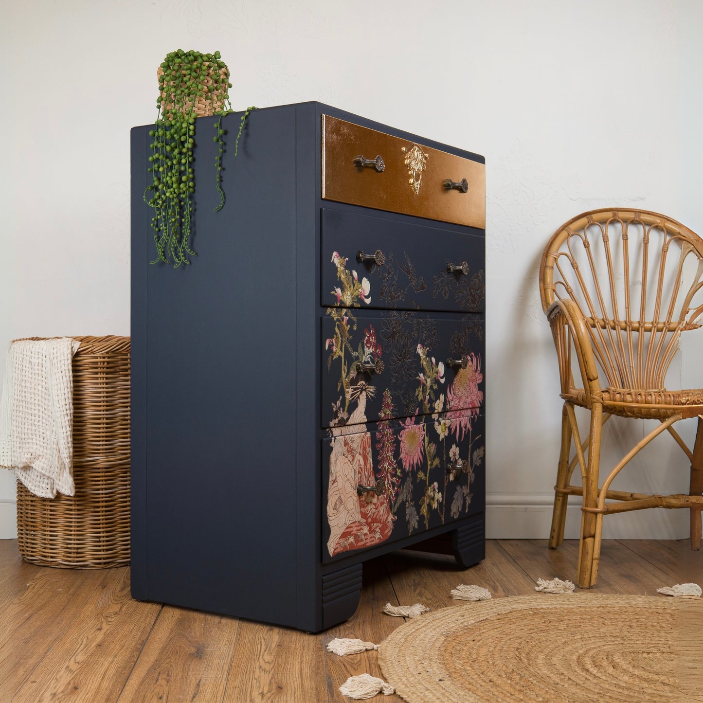 Vintage Chest of Drawers | Gold Leaf & Floral Design | One-of-a-Kind Statement Furniture