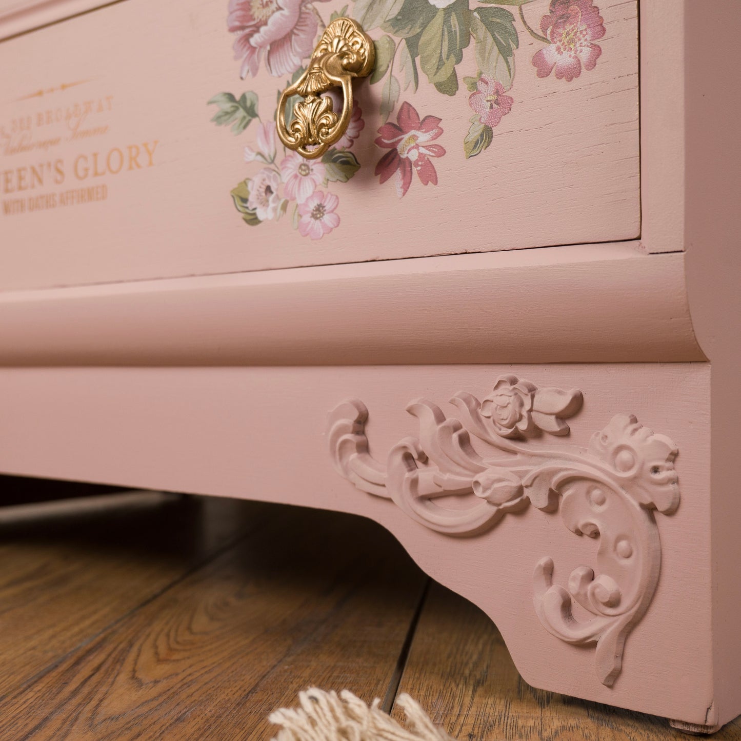 Romantic Vintage Upcycled Blush Pink Floral Chest of Drawers with Gold Detailing and Floral Transfers