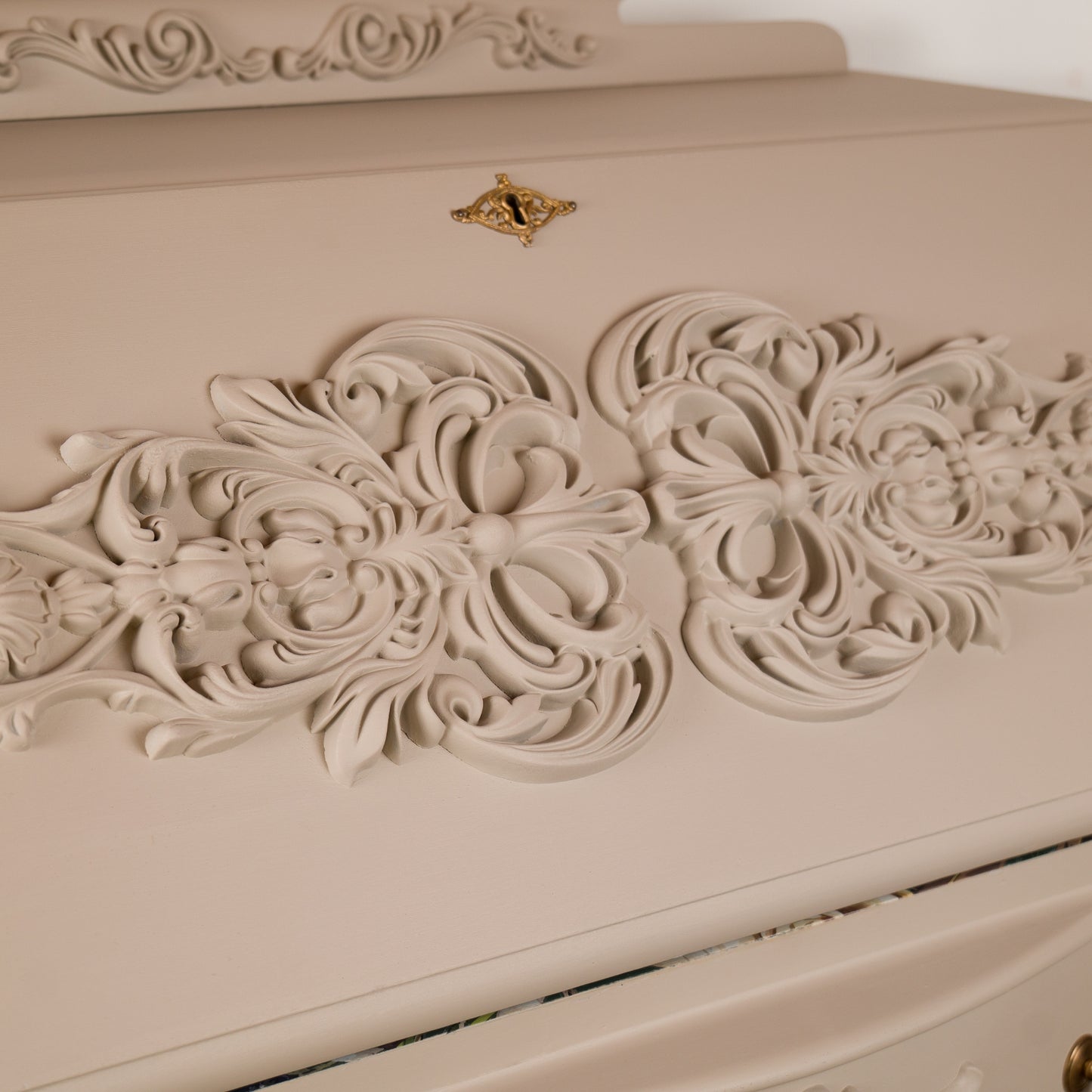 Hand Painted Vintage Solid Mahogany Bureau with Floral Interior | Upcycled Writing Desk with Storage