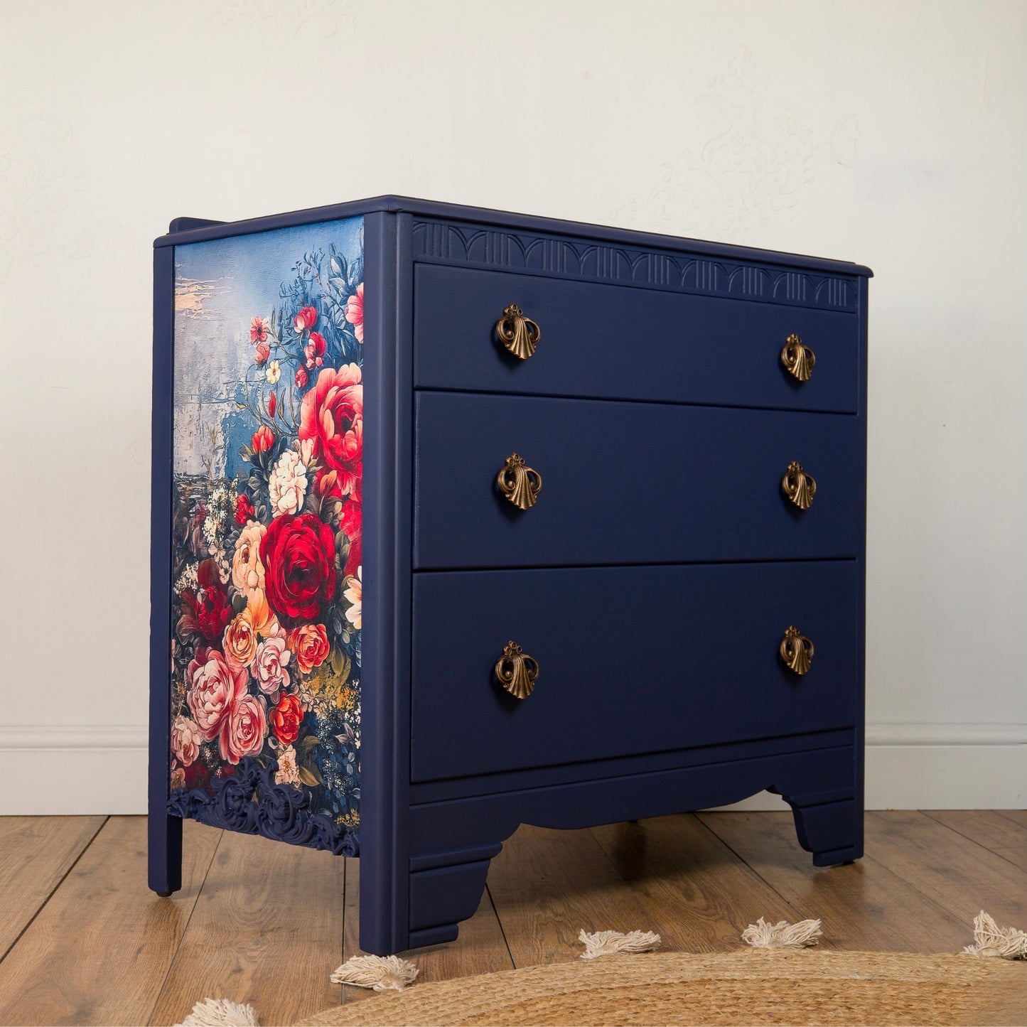 Hand-Painted Upcycled Navy Lebus MCM Chest of Drawers with Floral Detailing
