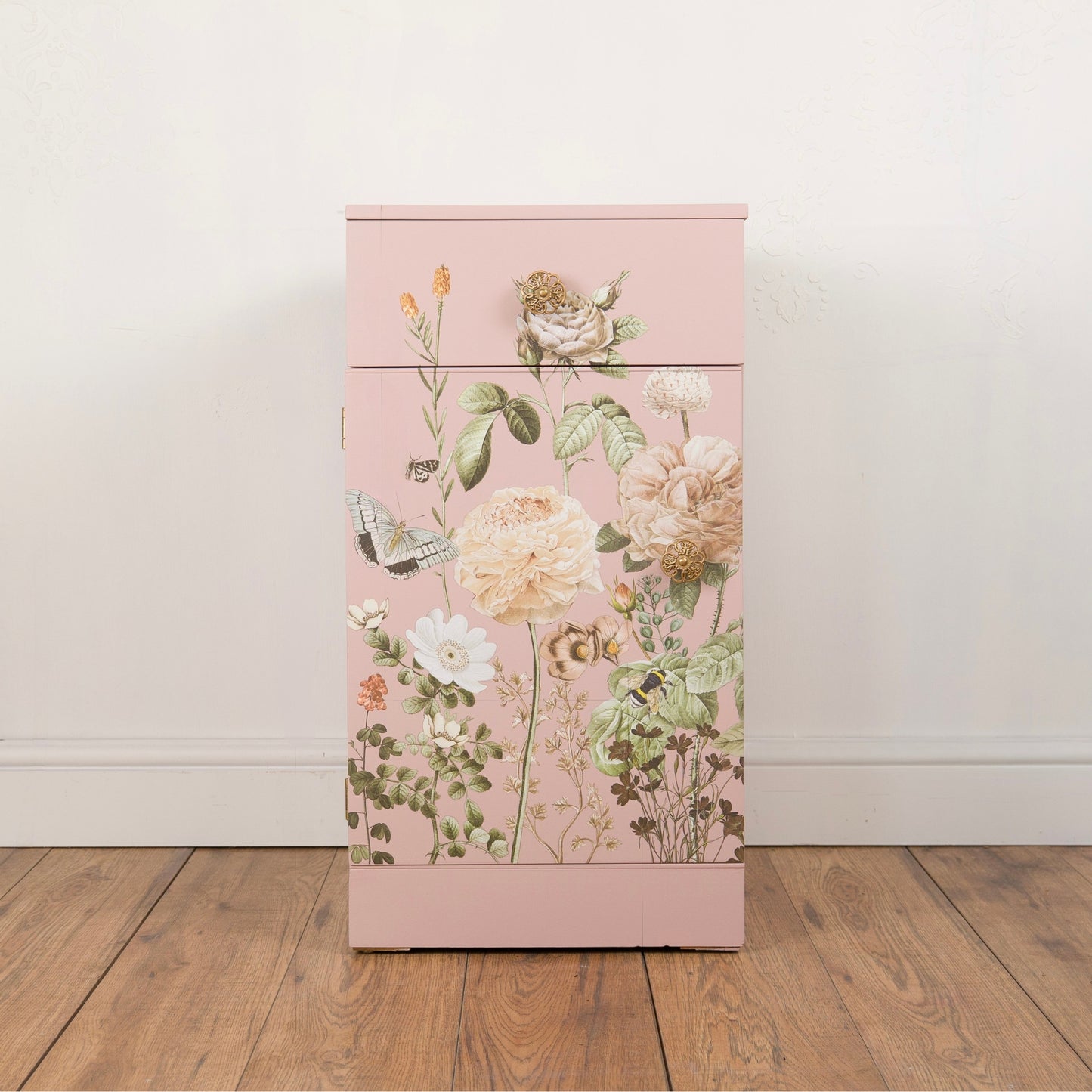 Pair of Vintage Painted Mid Century Pink Floral Bedside Tables