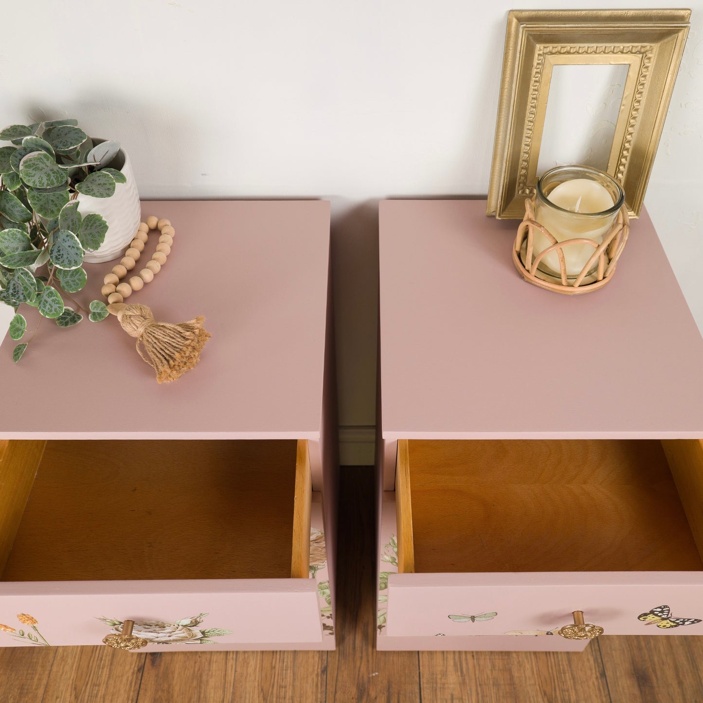 Pair of Vintage Painted Mid Century Pink Floral Bedside Tables