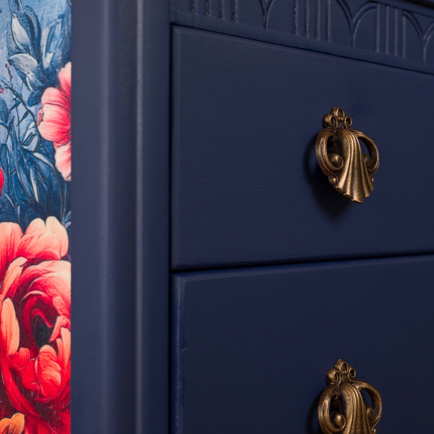 Hand-Painted Upcycled Navy Lebus MCM Chest of Drawers with Floral Detailing
