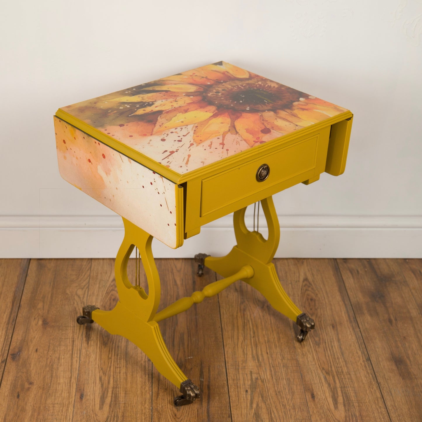 Upcycled Vintage Sunflower Drop Leaf Table | Yellow Hand-Painted & Decoupage Accent Table | Unique Furniture