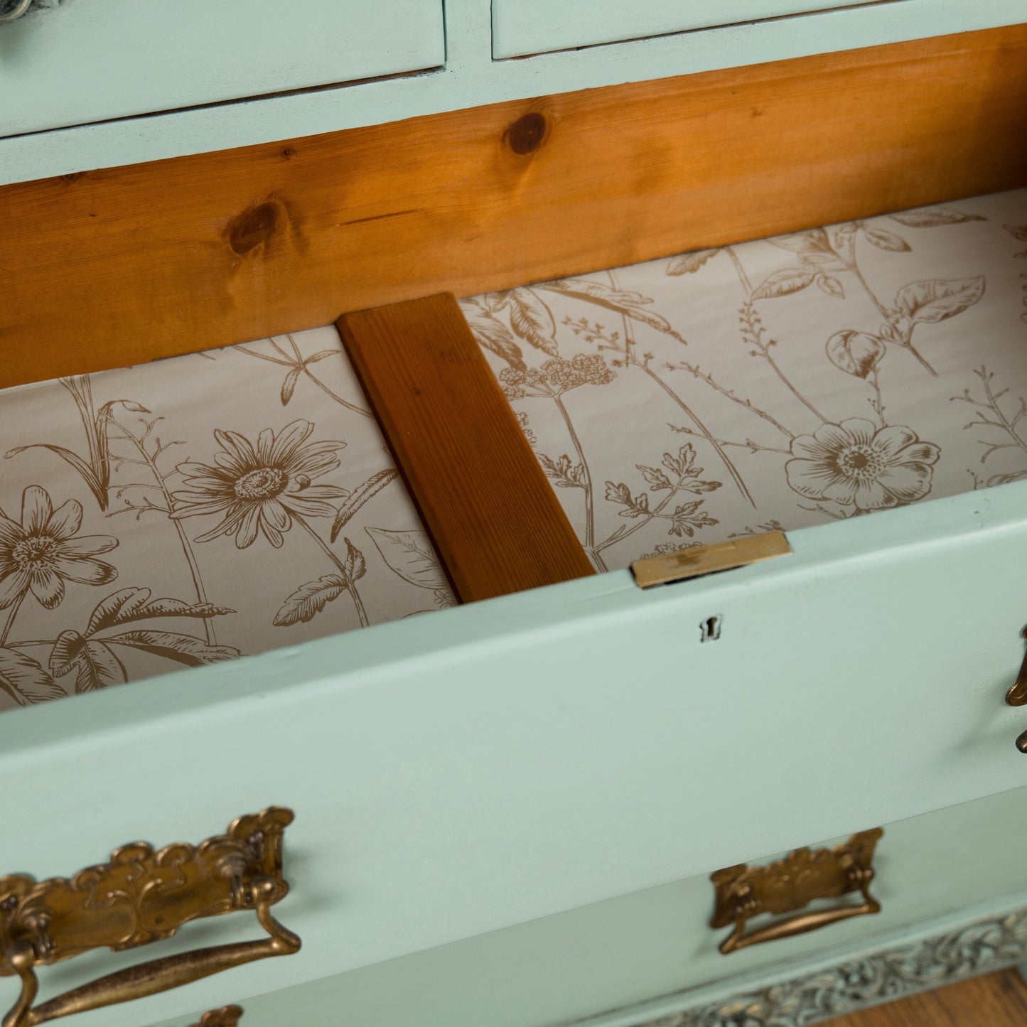 Vintage Aqua Chest of Drawers | Hand-Painted | Ornate Floral Detailing & Brass Hardware