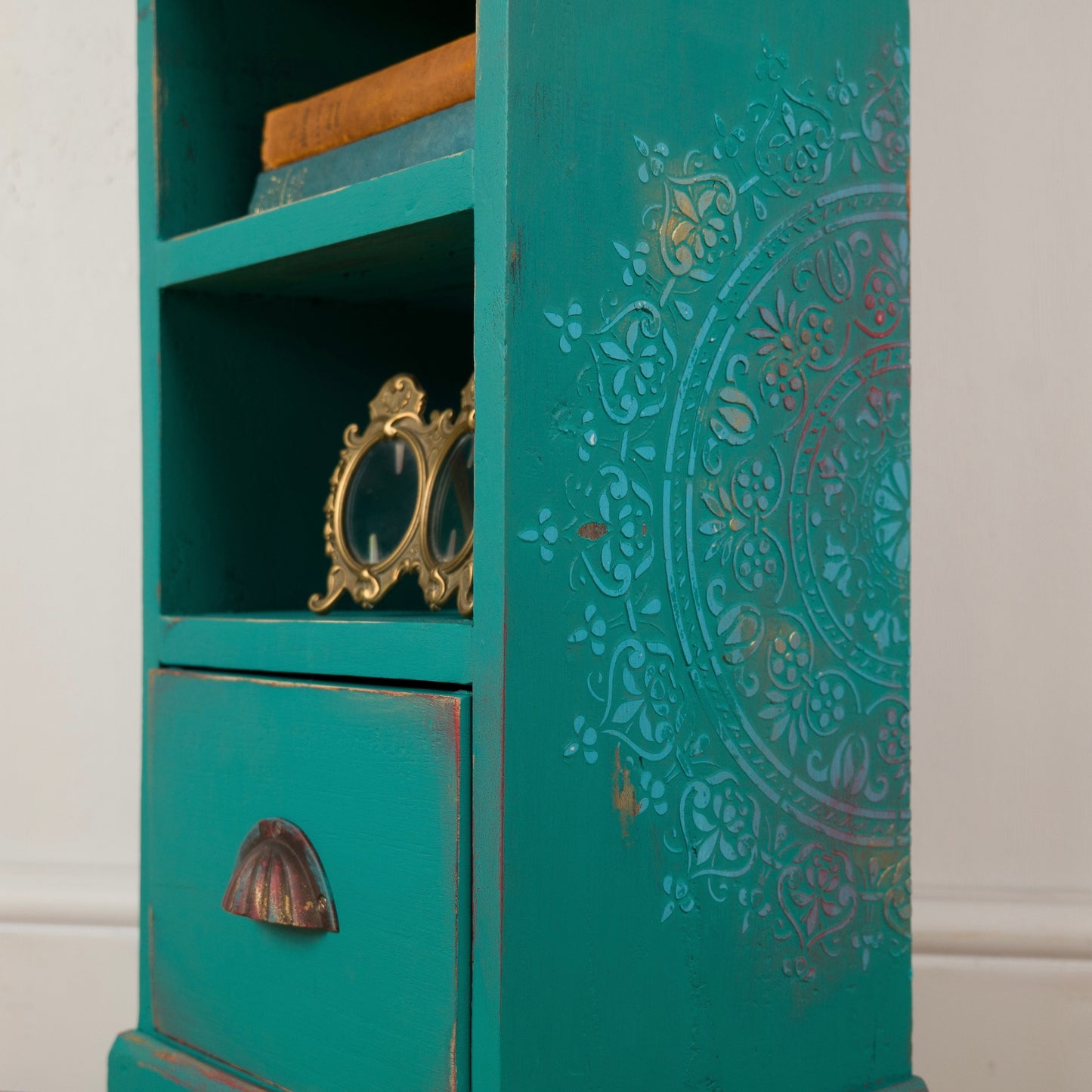 Slimline Boho Plant Table | Upcycled Vintage Side Table | Teal Accent Furniture