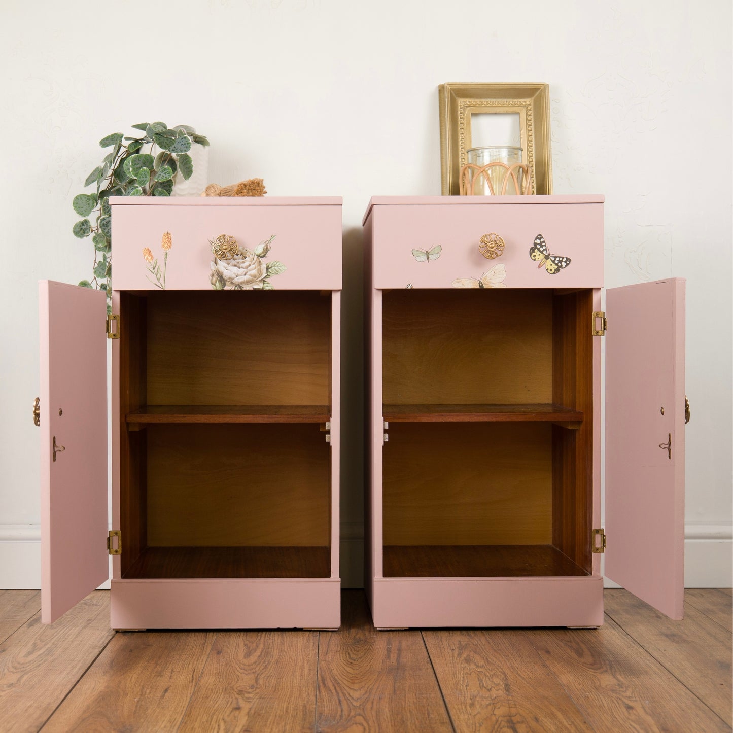 Pair of Vintage Painted Mid Century Pink Floral Bedside Tables