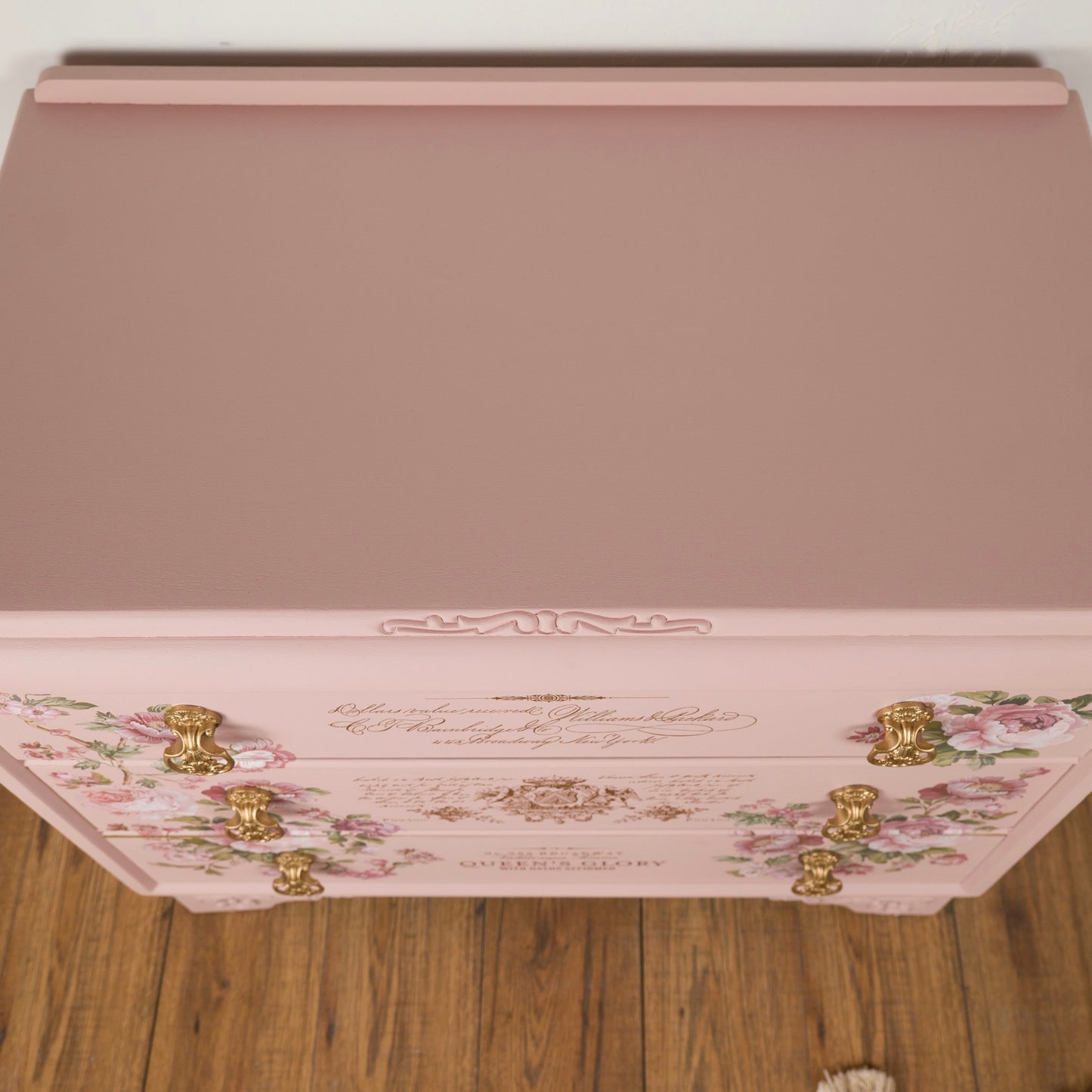 Romantic Vintage Upcycled Blush Pink Floral Chest of Drawers with Gold Detailing and Floral Transfers