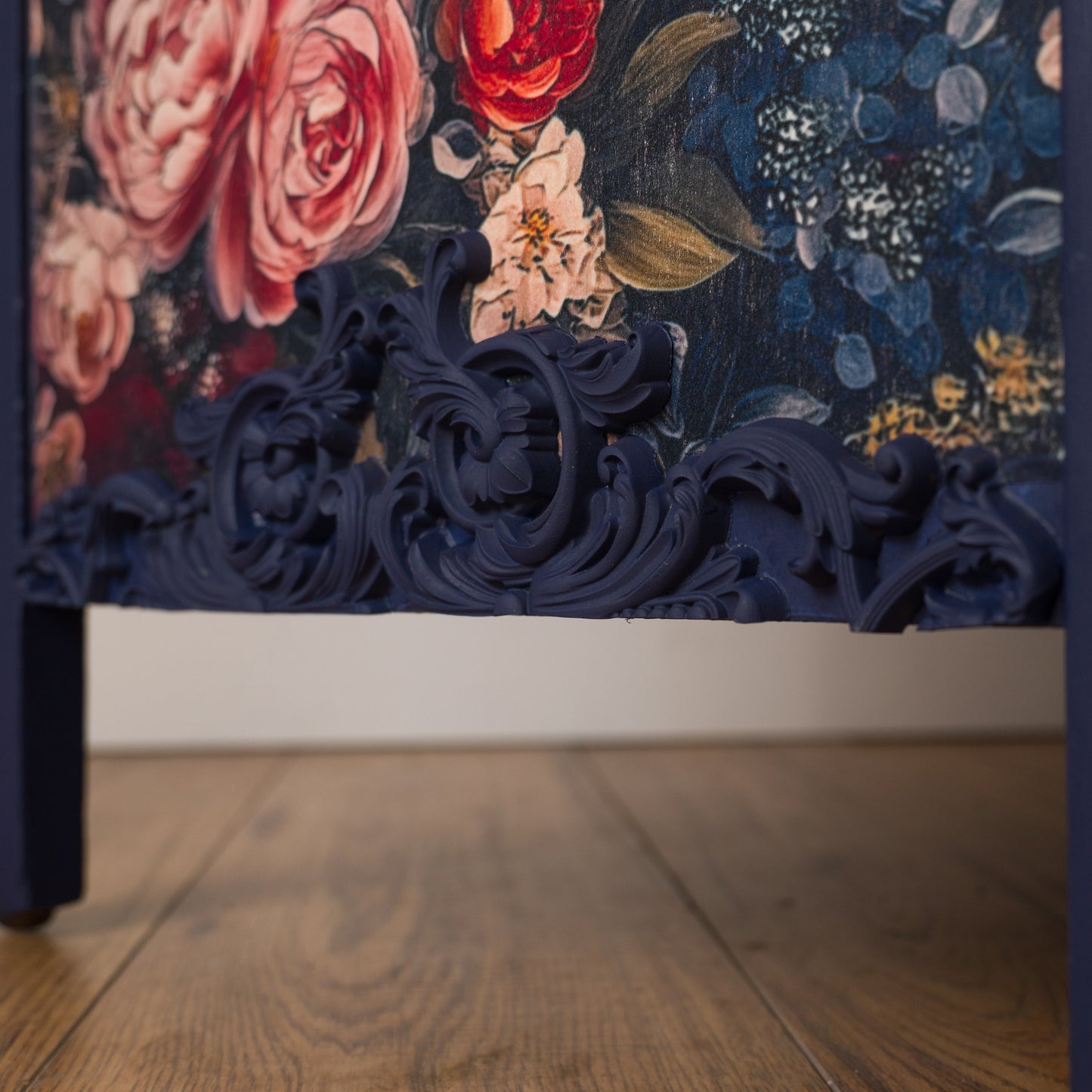 Hand-Painted Upcycled Navy Lebus MCM Chest of Drawers with Floral Detailing
