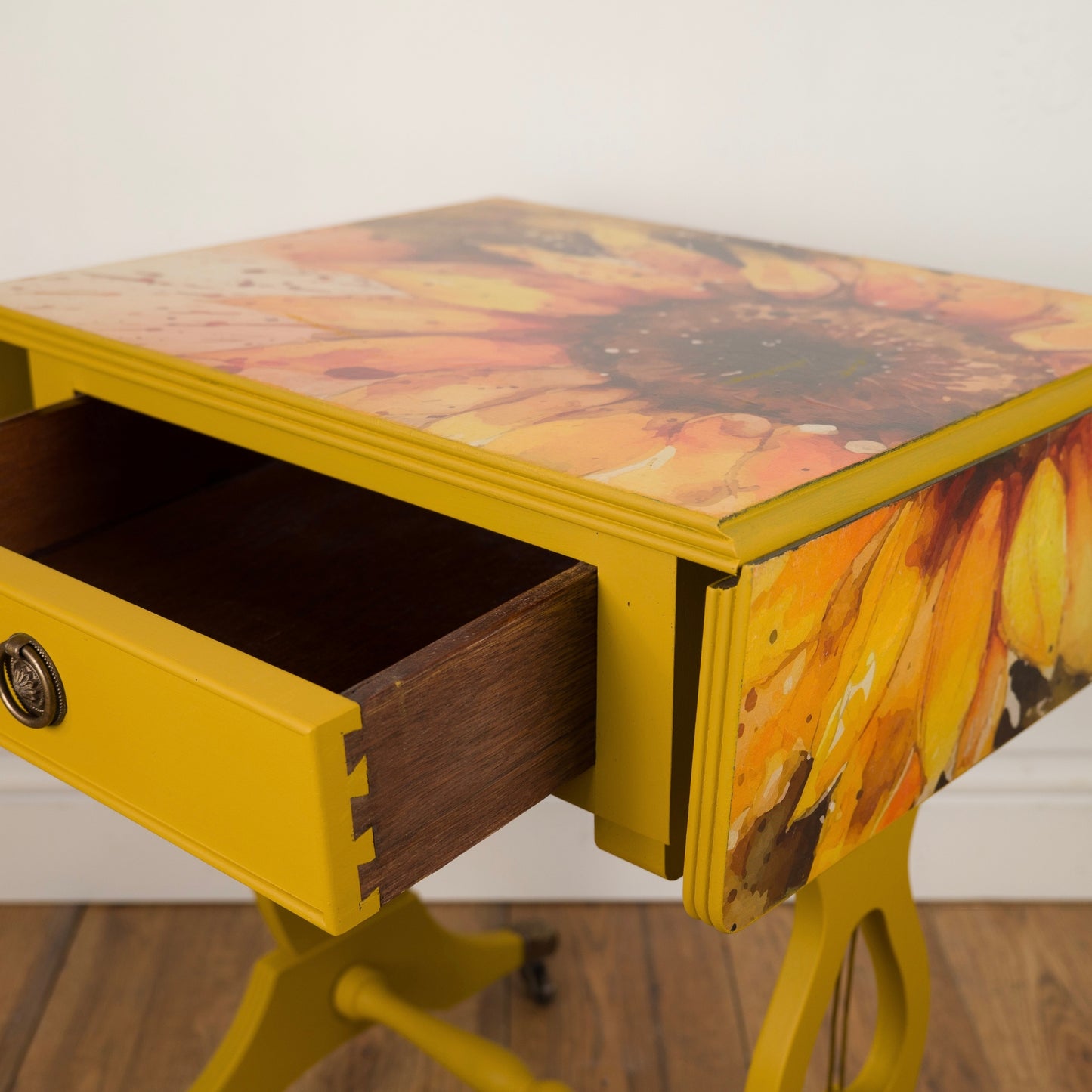 Upcycled Vintage Sunflower Drop Leaf Table | Yellow Hand-Painted & Decoupage Accent Table | Unique Furniture