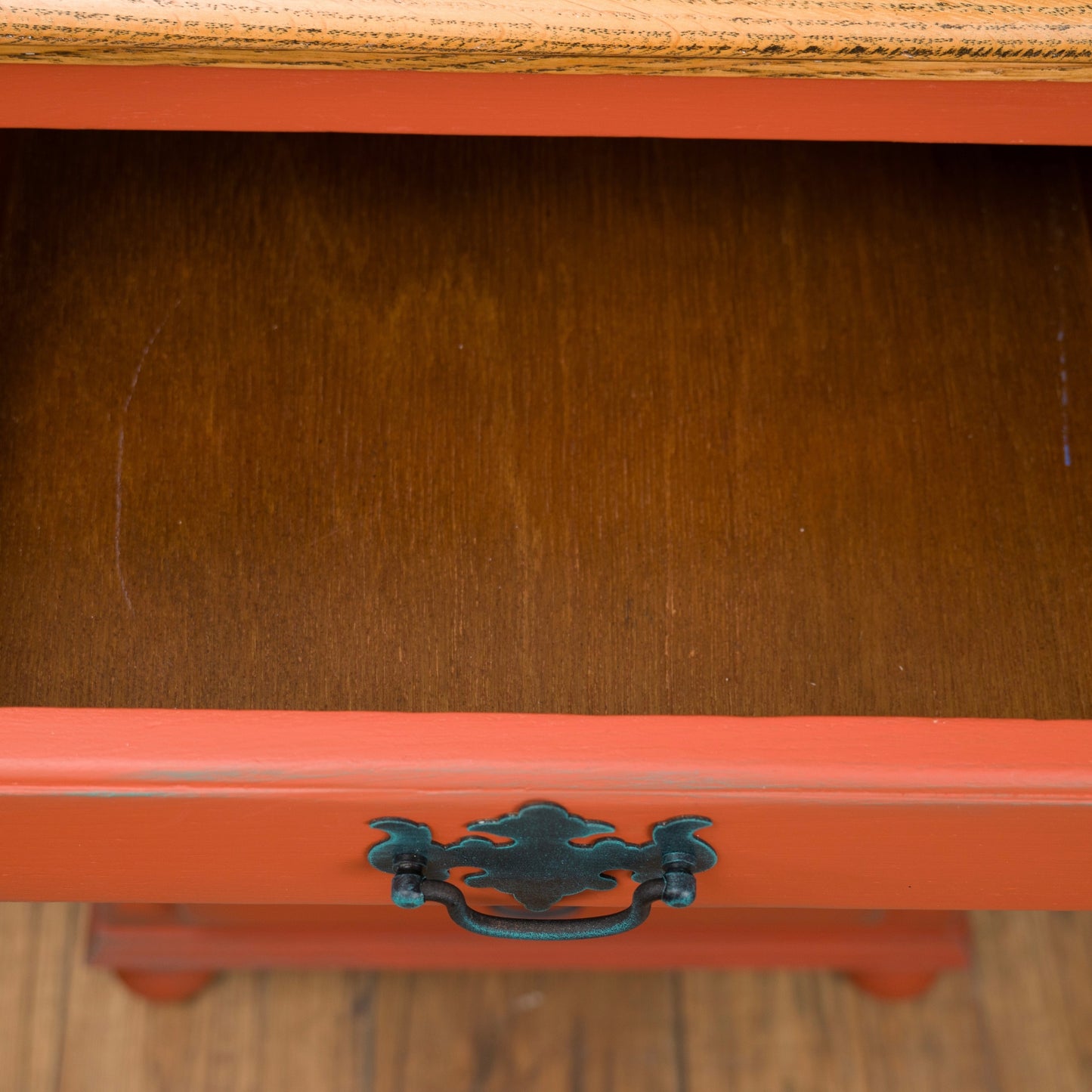 Vintage Upcycled Oak Chest of Drawers | Hand Painted Burnt Orange Bedside Table with Floral Decoupage Panels | Unique Boho Bedroom Furniture
