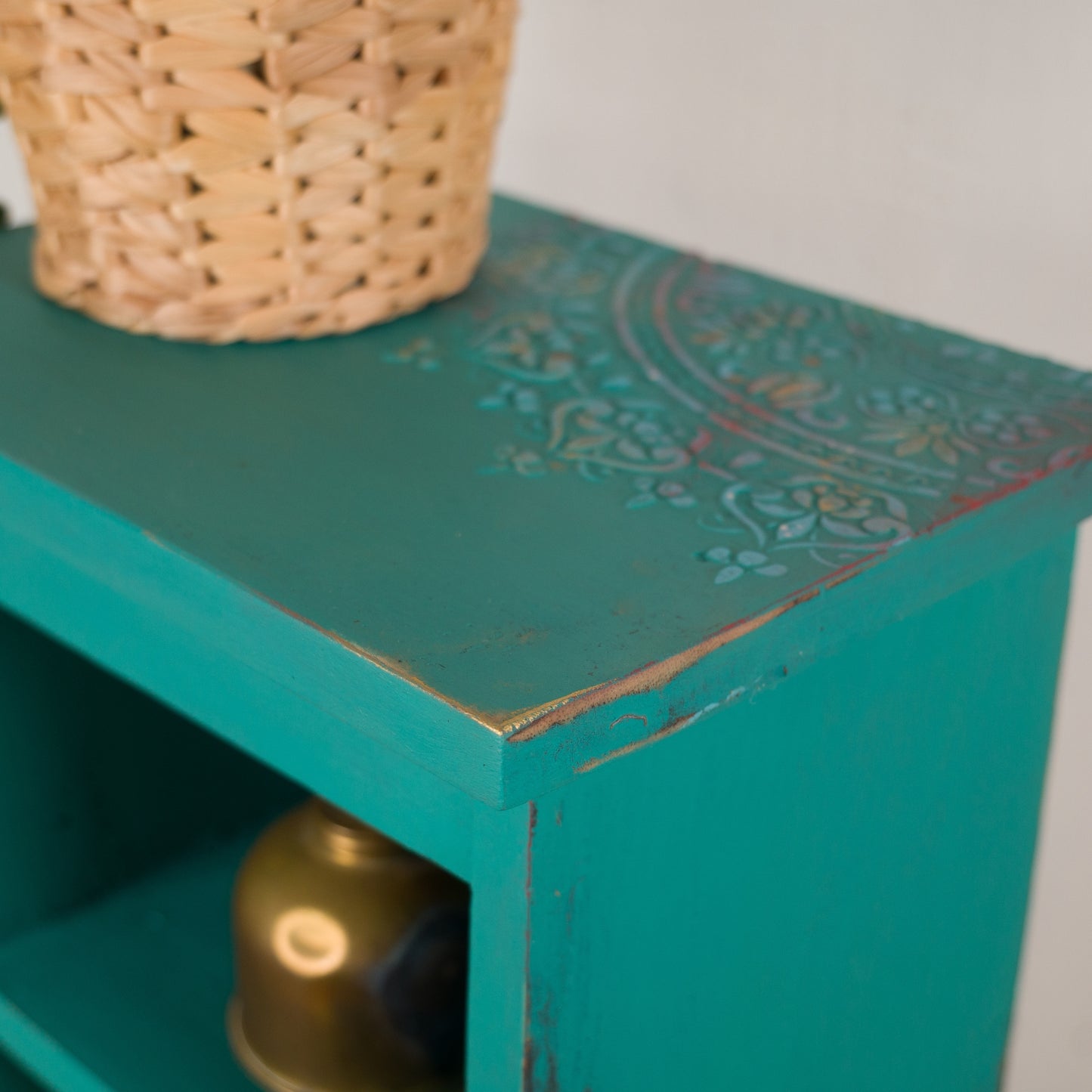 Slimline Boho Plant Table | Upcycled Vintage Side Table | Teal Accent Furniture