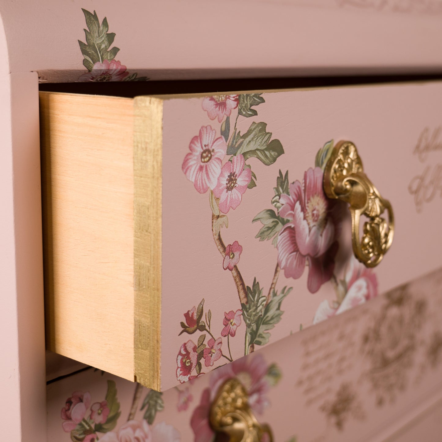 Romantic Vintage Upcycled Blush Pink Floral Chest of Drawers with Gold Detailing and Floral Transfers