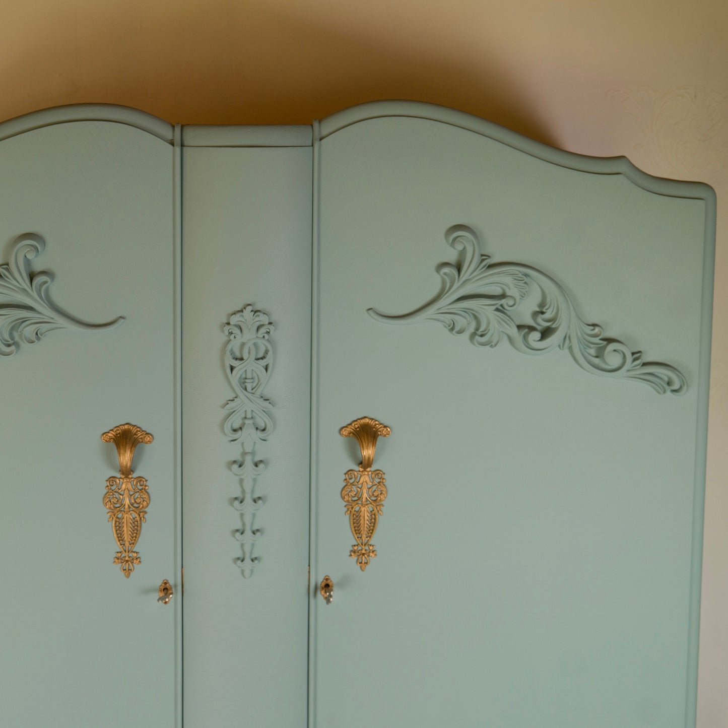 Vintage Duck Egg Blue Wardrobe with Gold Detailing & Rose Pink Inside